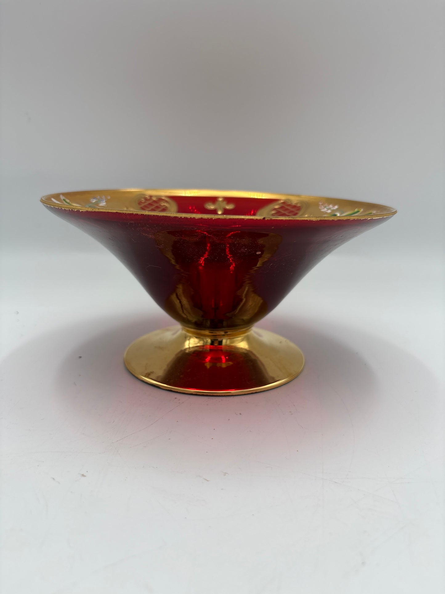 Vintage Bohemia krystal med Guld og Enamel,Lille opsats på fod, Rød, 9cm