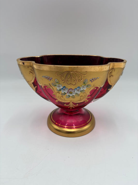Vintage Bohemia krystal med Guld og Enamel,Lille oval opsats på fod, Rød, 12cm