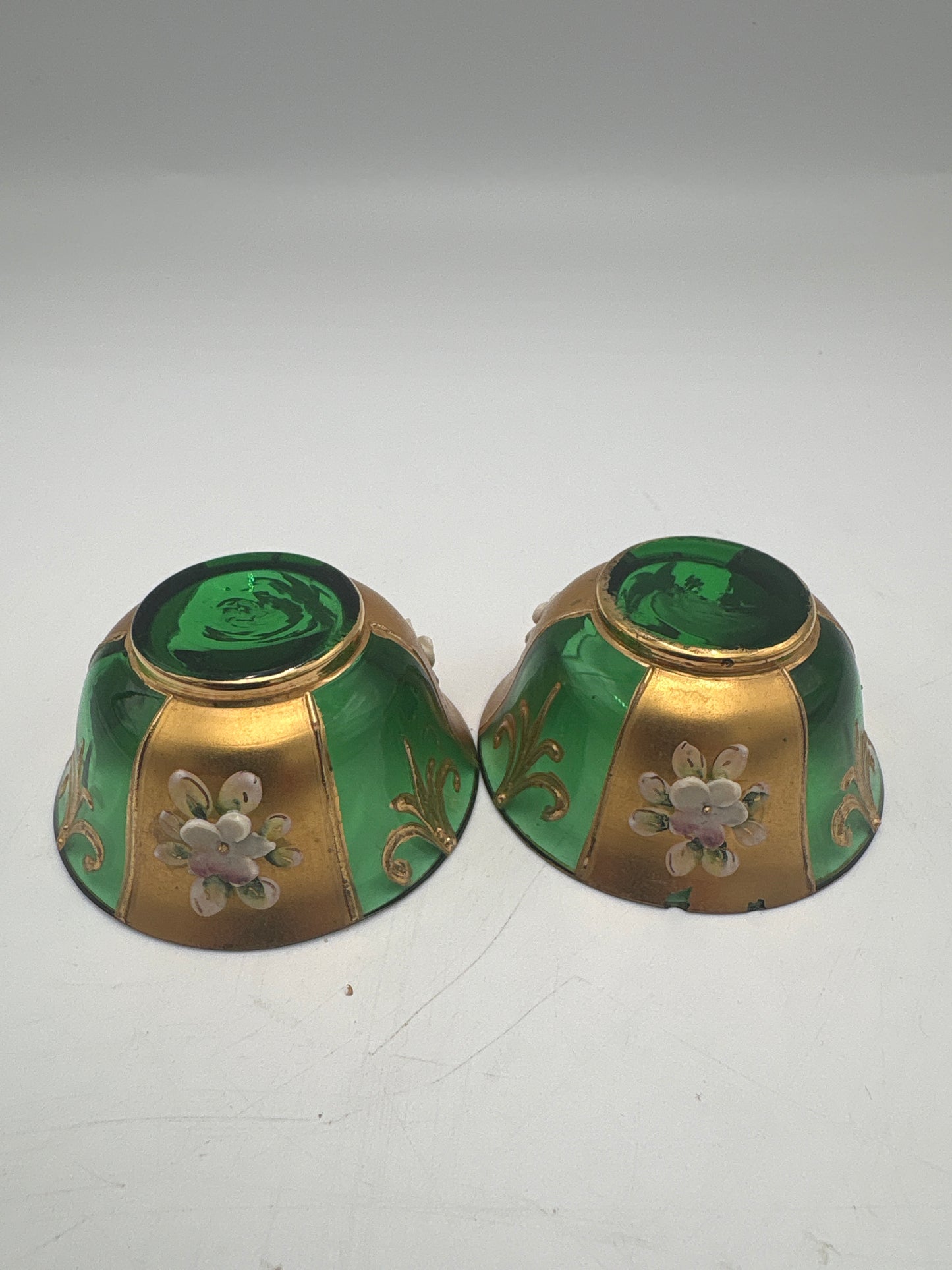 Vintage Bohemia krystal med Guld og Enamel, 2 små fyrfadsstager, Grøn, ø6cm