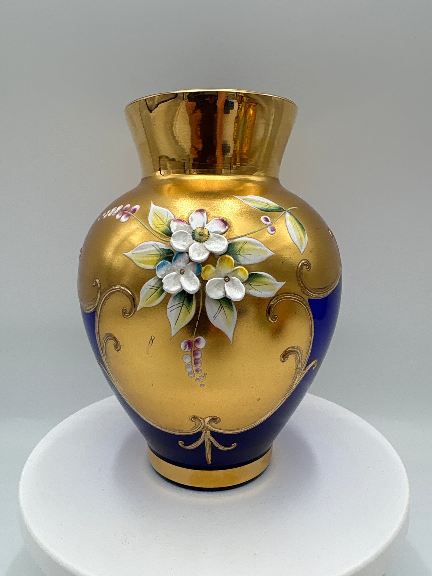 Vintage Bohemia krystal med Guld og Enamel, Vase,  blå, 16cm