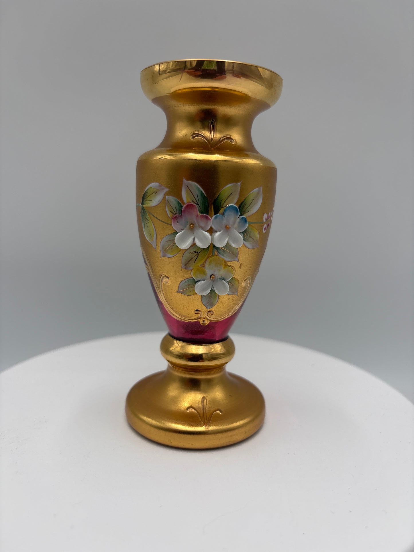Vintage Bohemia krystal med Guld og Enamel-Vase på fod(3)-rød-12cm