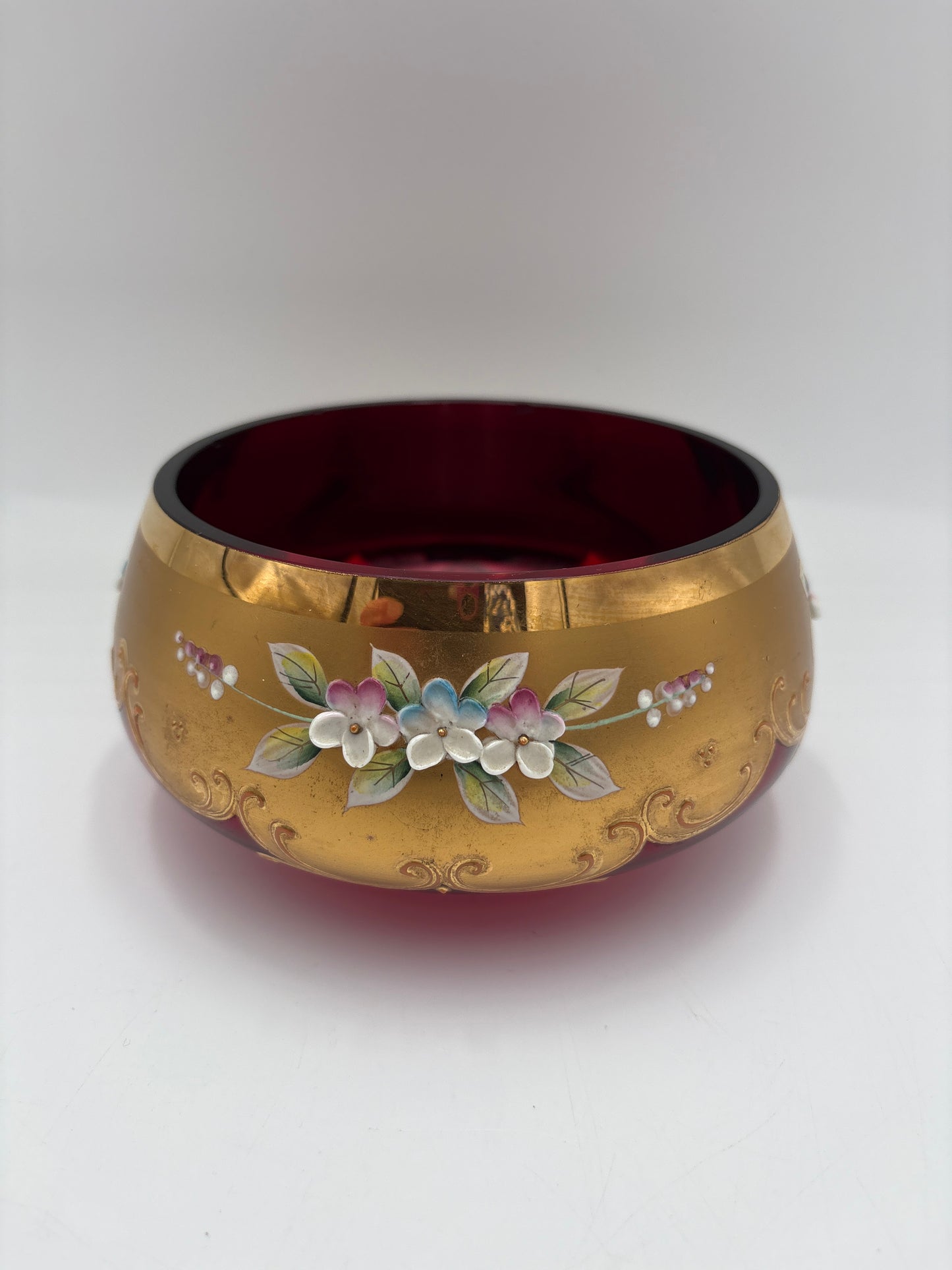 Vintage Bohemia krystal med Guld og Enamel,Lille skål, Rød, ø15cm