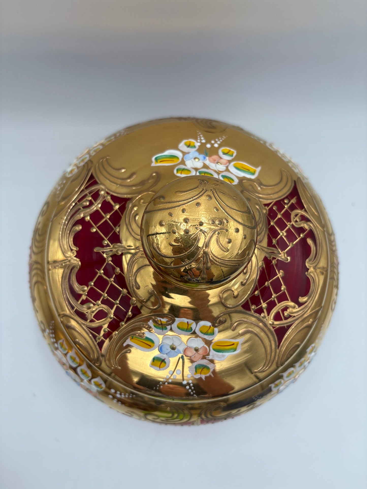 Vintage Bohemia krystal med Guld og Enamel, Punch Bowl, Rød, 26cm