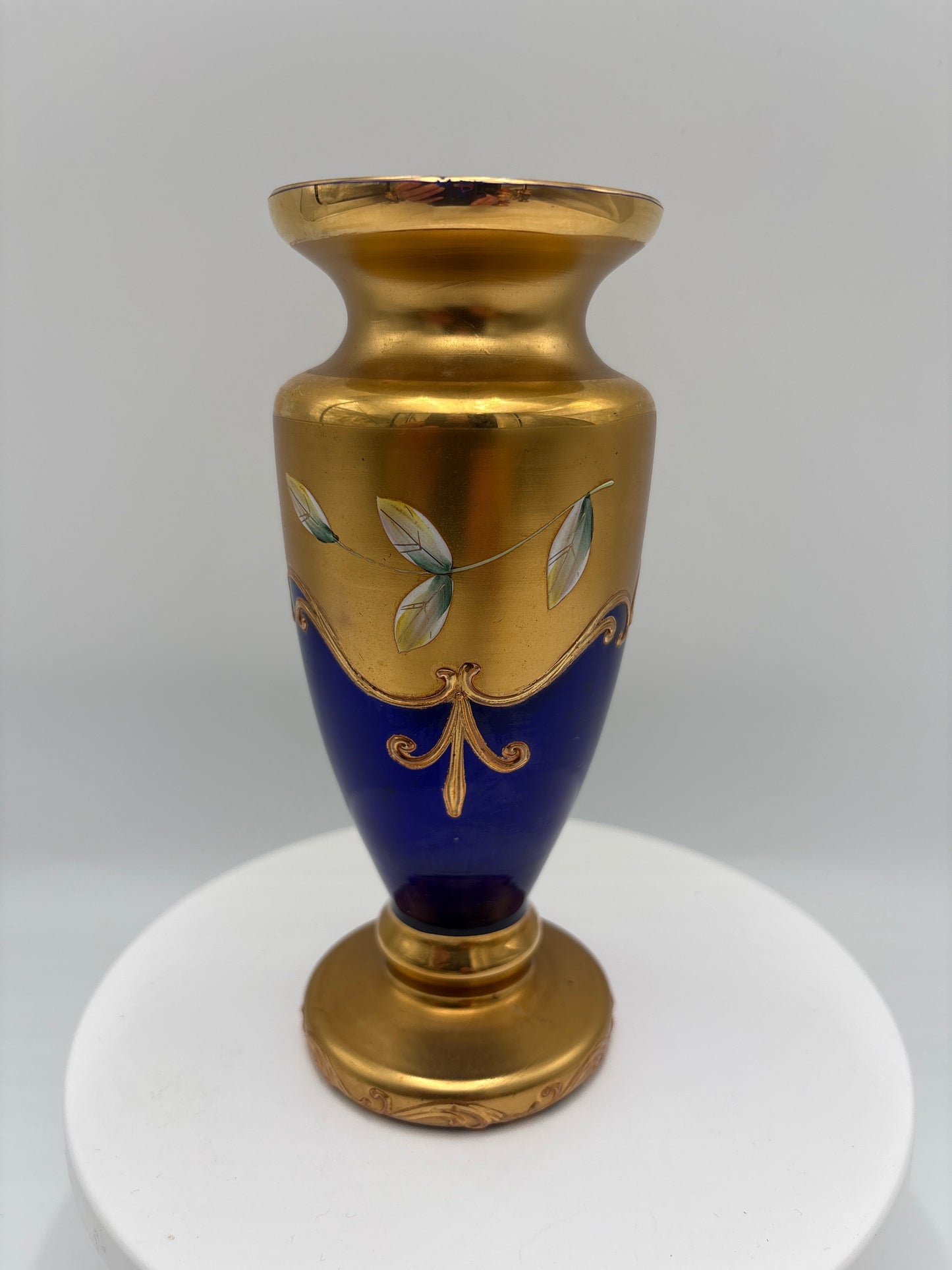 Vintage Bohemia krystal med Guld og Enamel-Vase på fod-Blå(4)-17cm