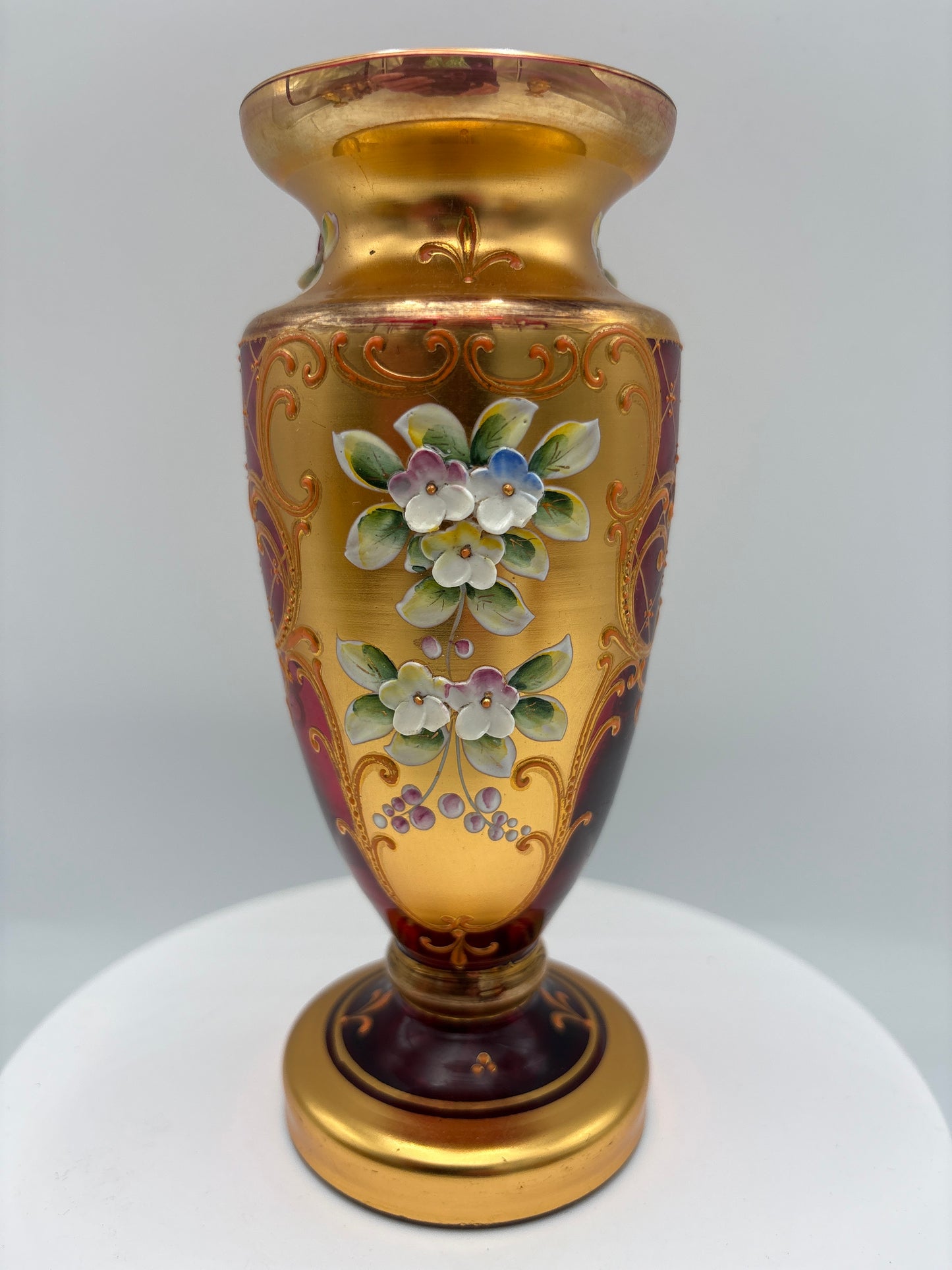 Vintage Bohemia krystal med Guld og Enamel-Vase på fod-Rød(3)-18cm