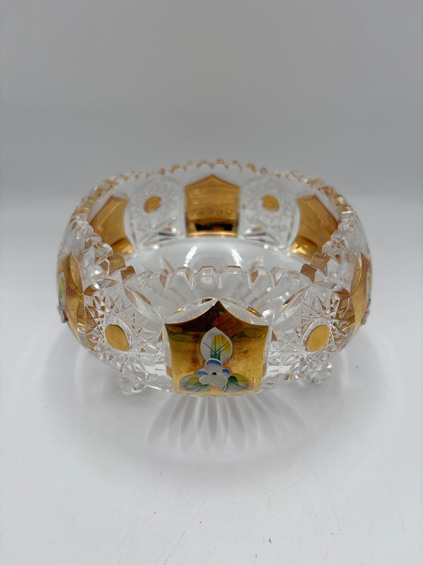 Vintage Bohemia krystal med Guld og Enamel, skål med fødder, Klar, ø15cm