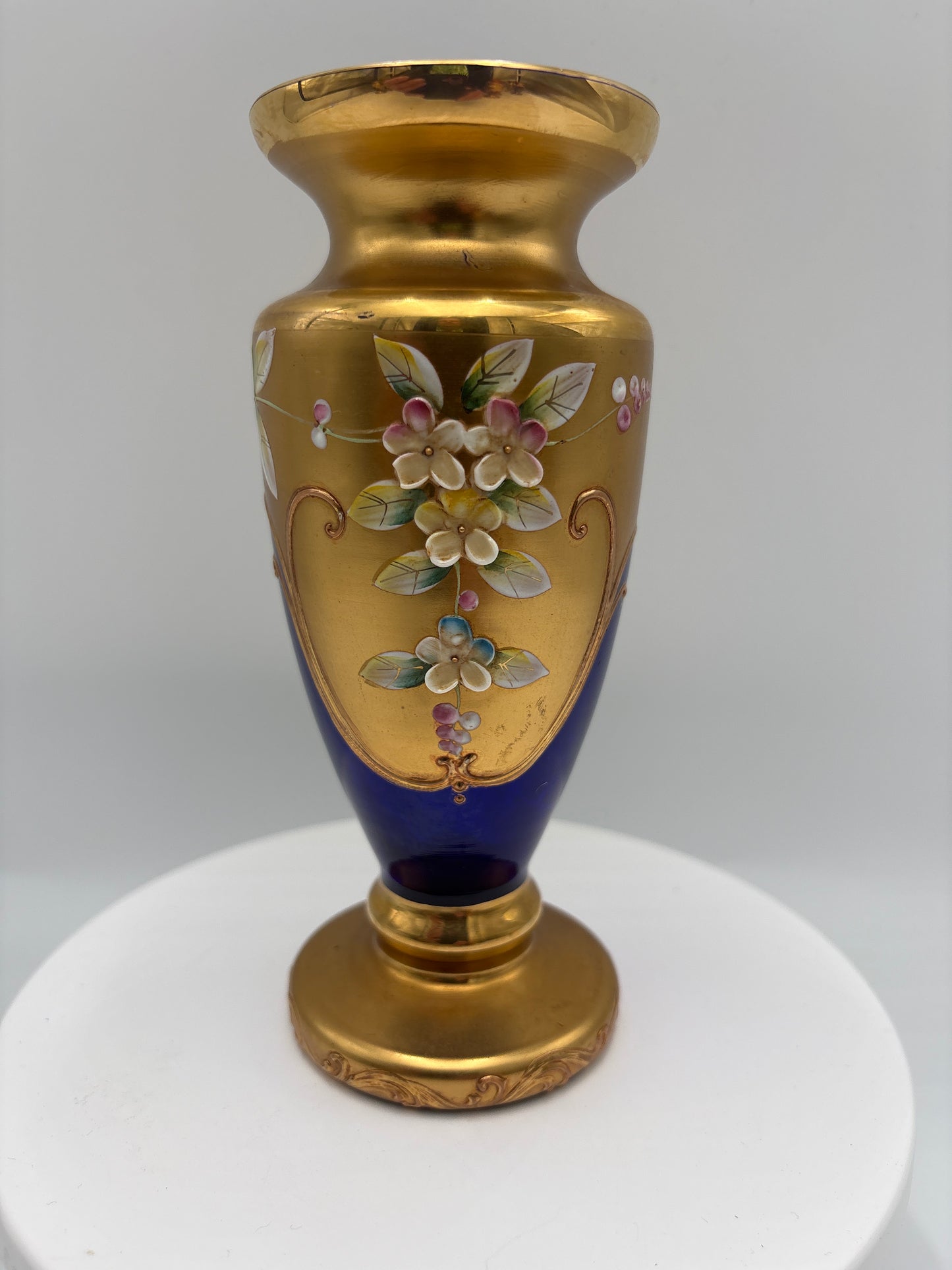 Vintage Bohemia krystal med Guld og Enamel-Vase på fod-Blå(4)-17cm