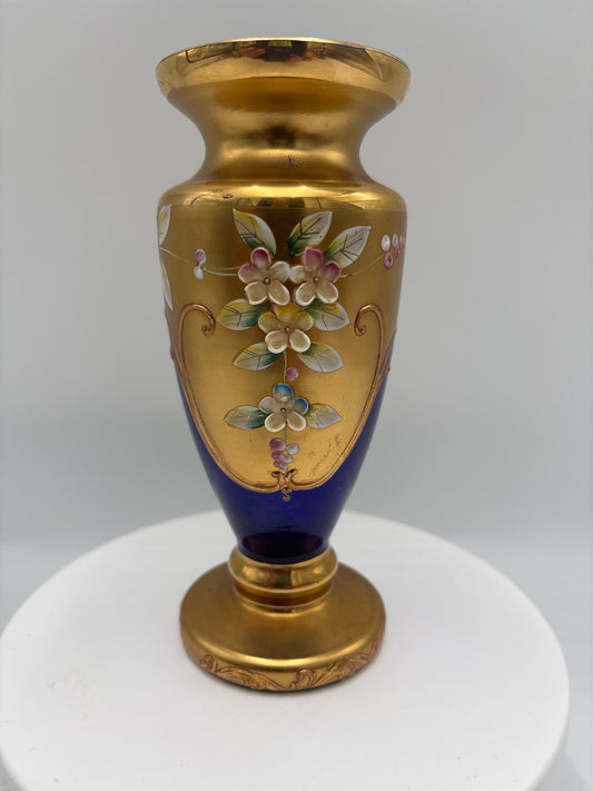 Vintage Bohemia krystal med Guld og Enamel-Vase på fod-Blå(4)-17cm