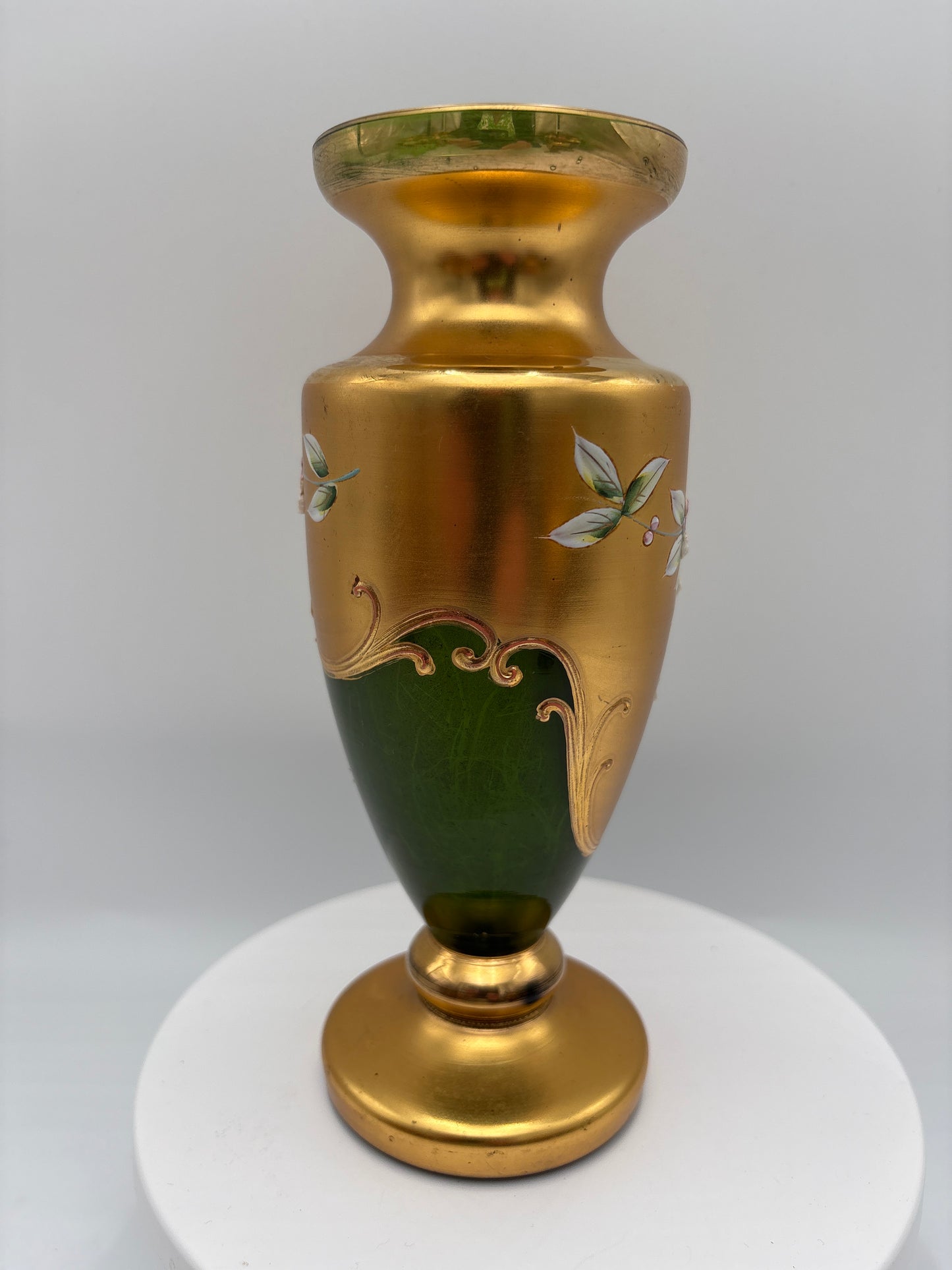 Vintage Bohemia krystal med Guld og Enamel-Vase på fod-Grøn(1)-19cm