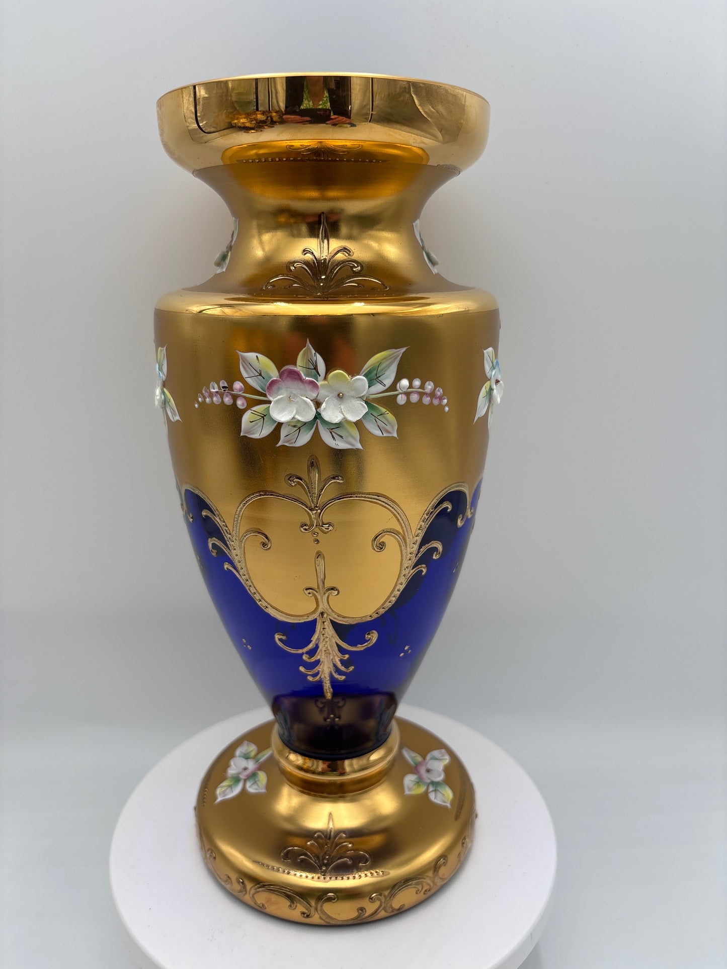 Vintage Bohemia krystal med Guld og Enamel-Vase på fod-Blå(1)-27cm