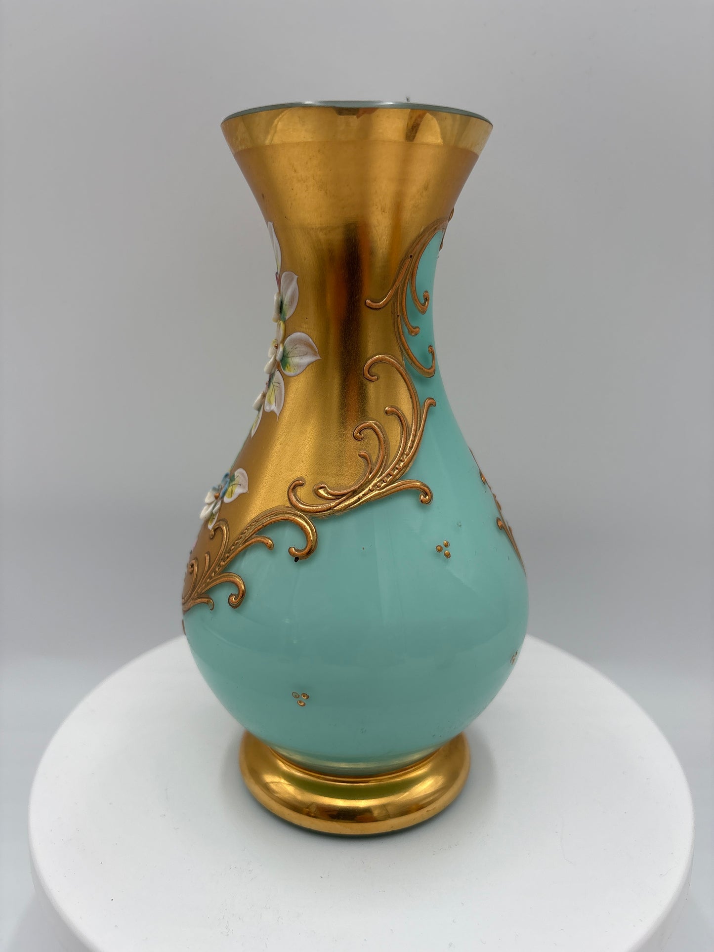 Vintage Bohemia krystal med Guld og Enamel, Vase , Lyseblå, 16cm