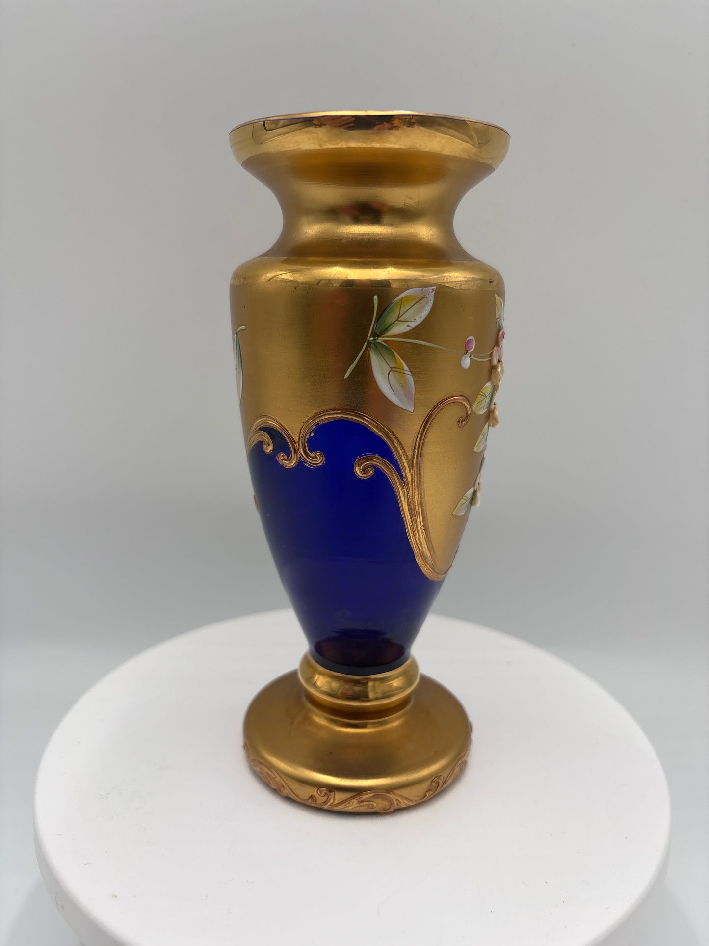 Vintage Bohemia krystal med Guld og Enamel-Vase på fod-Blå(4)-17cm