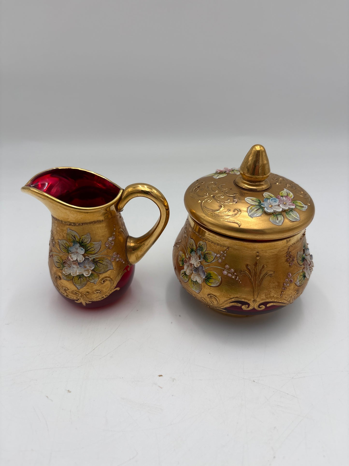 Vintage Bohemia krystal med Guld og Enamel, kaffesæt, Rød