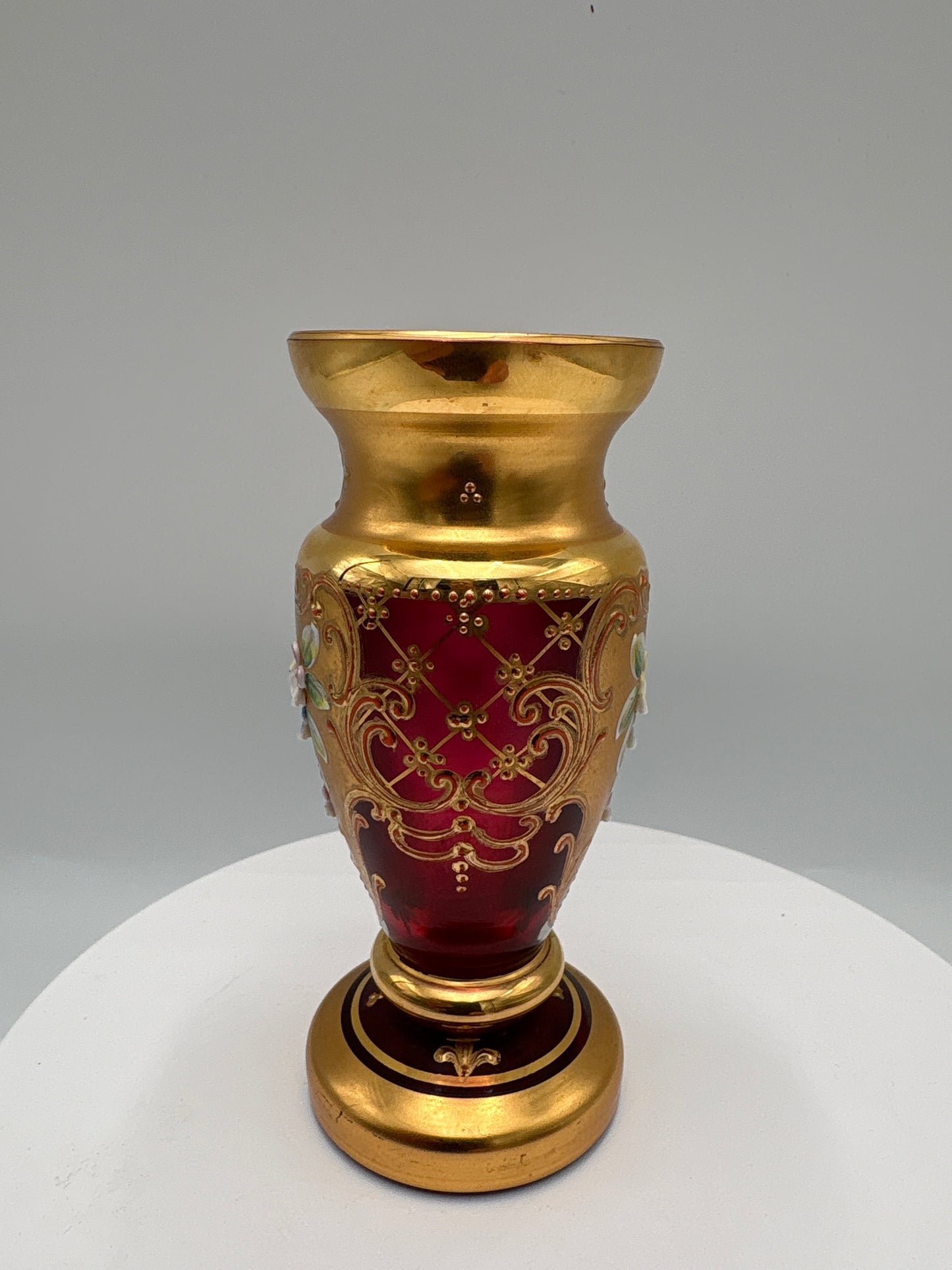 Vintage Bohemia krystal med Guld og Enamel-Vase på fod(2)-rød-12cm