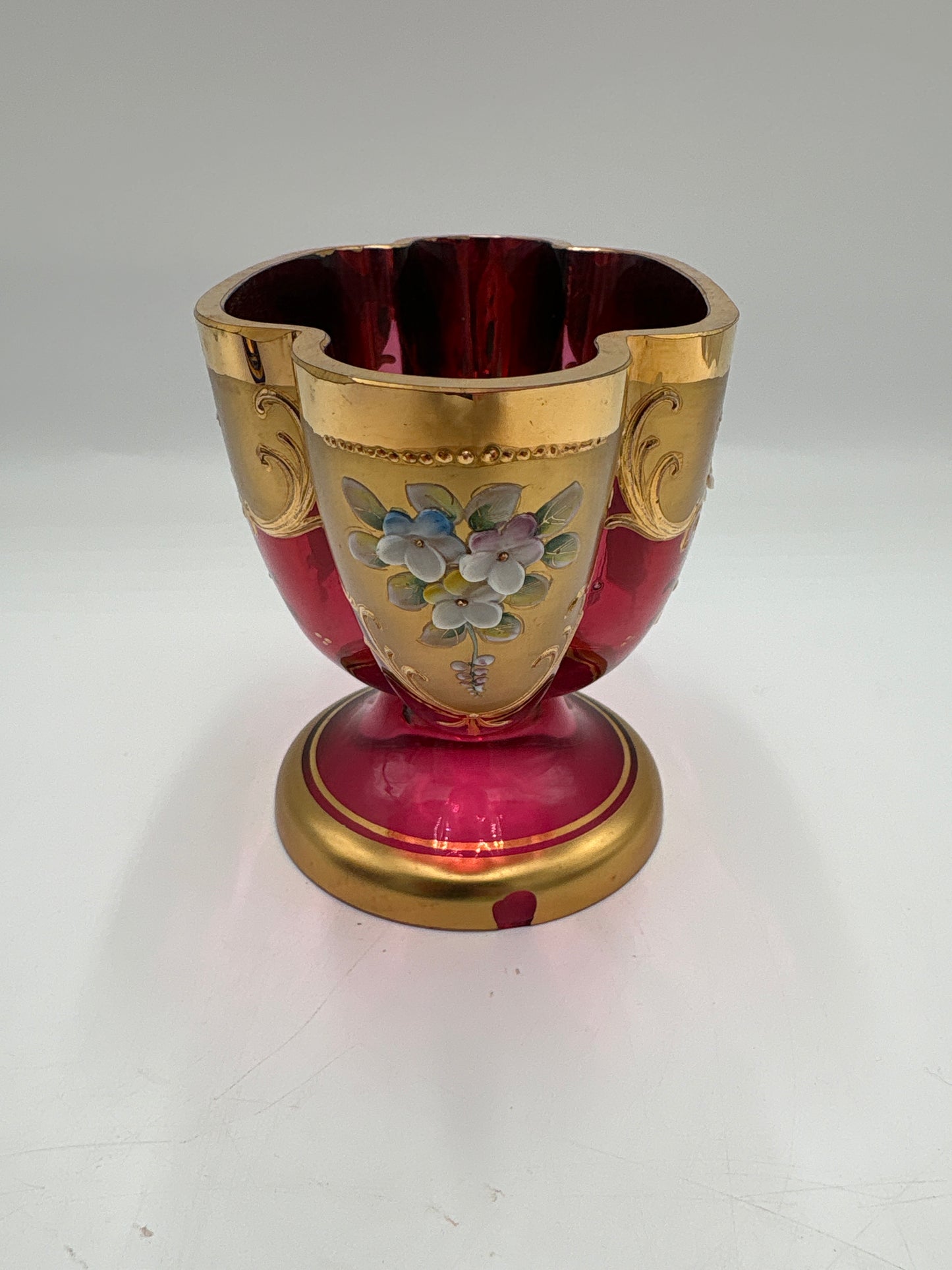 Vintage Bohemia krystal med Guld og Enamel,Lille oval opsats på fod, Rød, 12cm