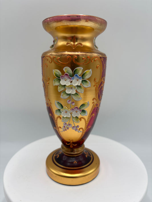 Vintage Bohemia krystal med Guld og Enamel-Vase på fod-Rød(3)-18cm