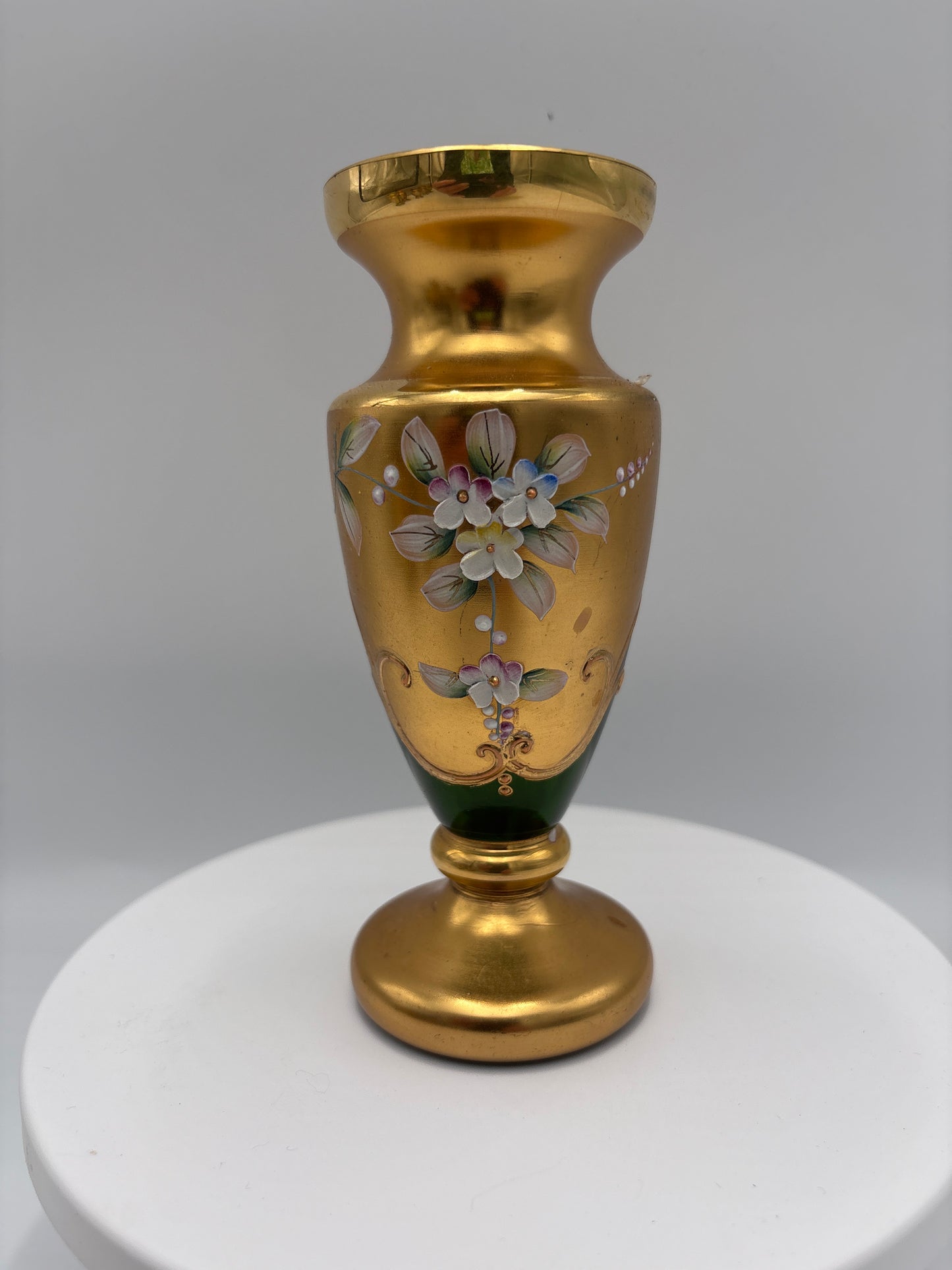 Vintage Bohemia krystal med Guld og Enamel-Vase på fod-Grøn-15cm