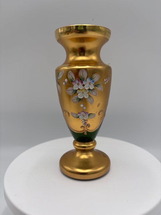 Vintage Bohemia krystal med Guld og Enamel-Vase på fod-Grøn-15cm