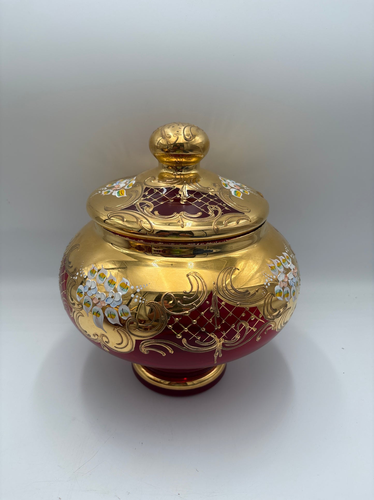 Vintage Bohemia krystal med Guld og Enamel, Punch Bowl, Rød, 26cm