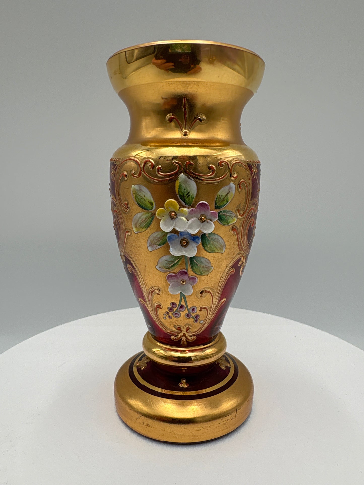 Vintage Bohemia krystal med Guld og Enamel-Vase på fod(2)-rød-12cm
