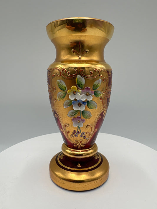Vintage Bohemia krystal med Guld og Enamel-Vase på fod(2)-rød-12cm