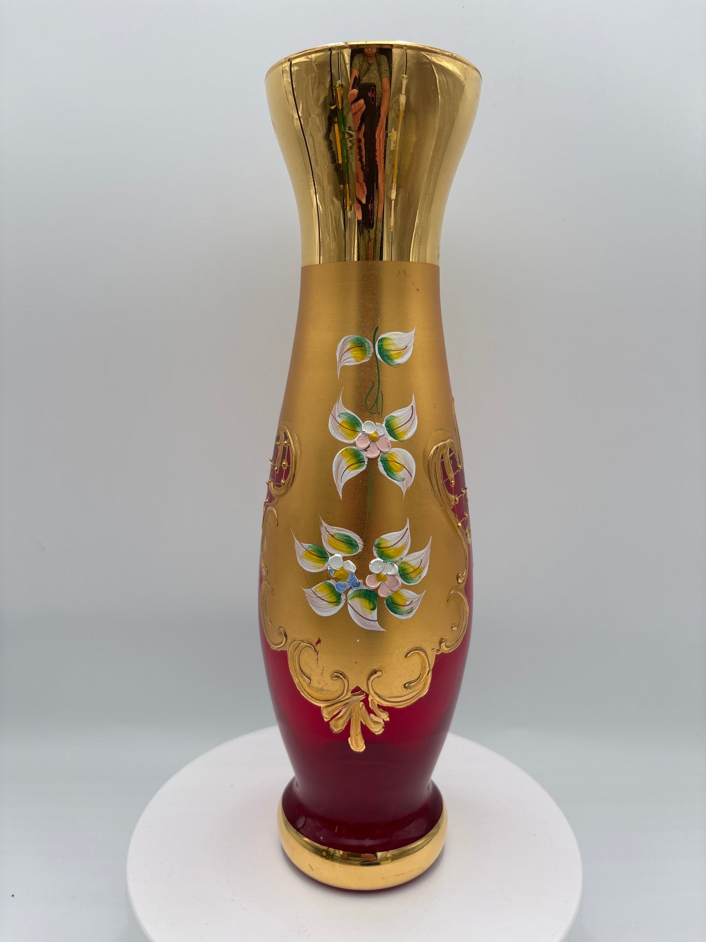 Vintage Bohemia krystal med Guld og Enamel, Vase, Rød, 28cm
