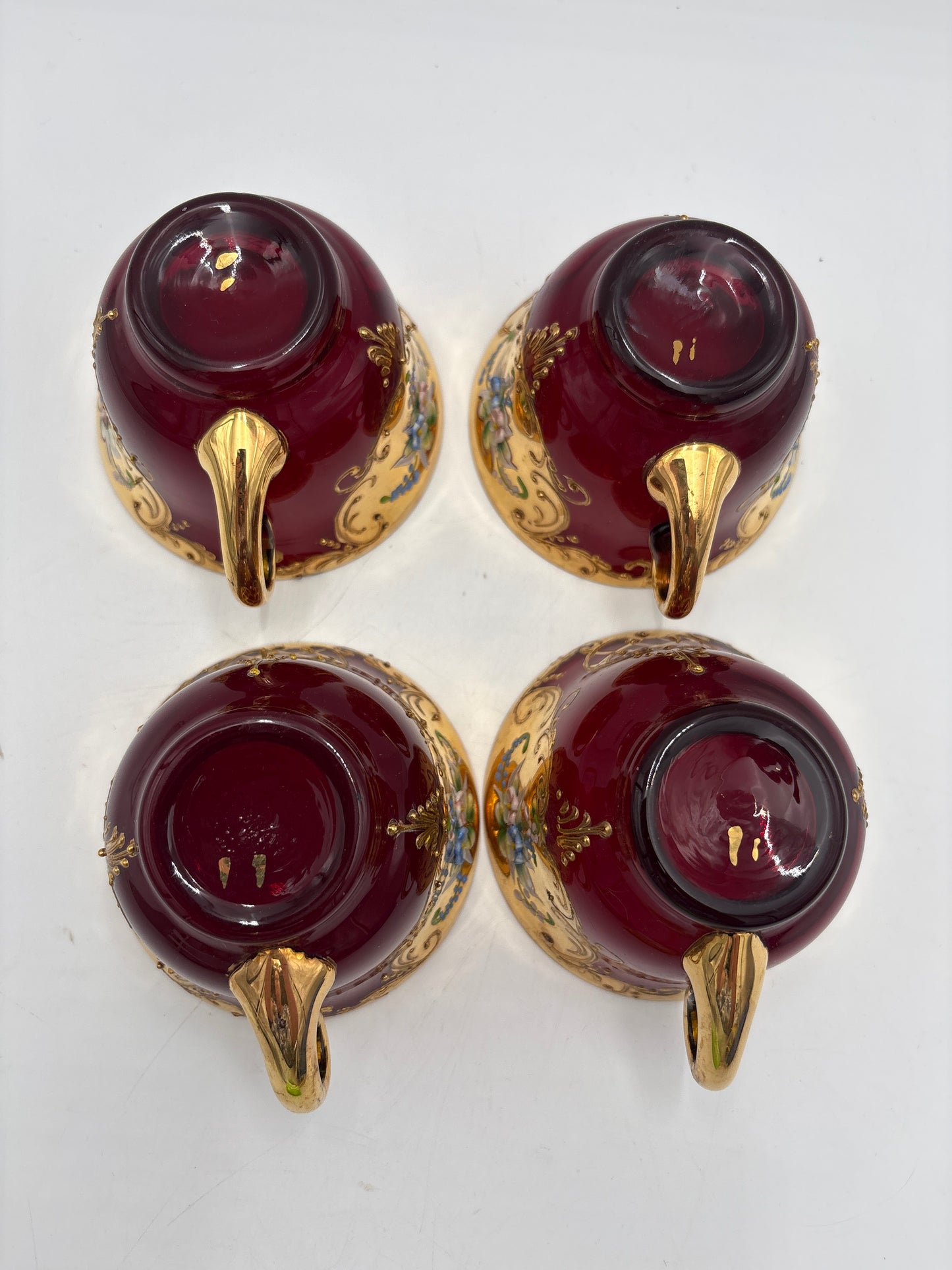 Vintage Bohemia krystal med Guld og Enamel, Punch Bowl med ske og 4 kopper, Rød, 25cm