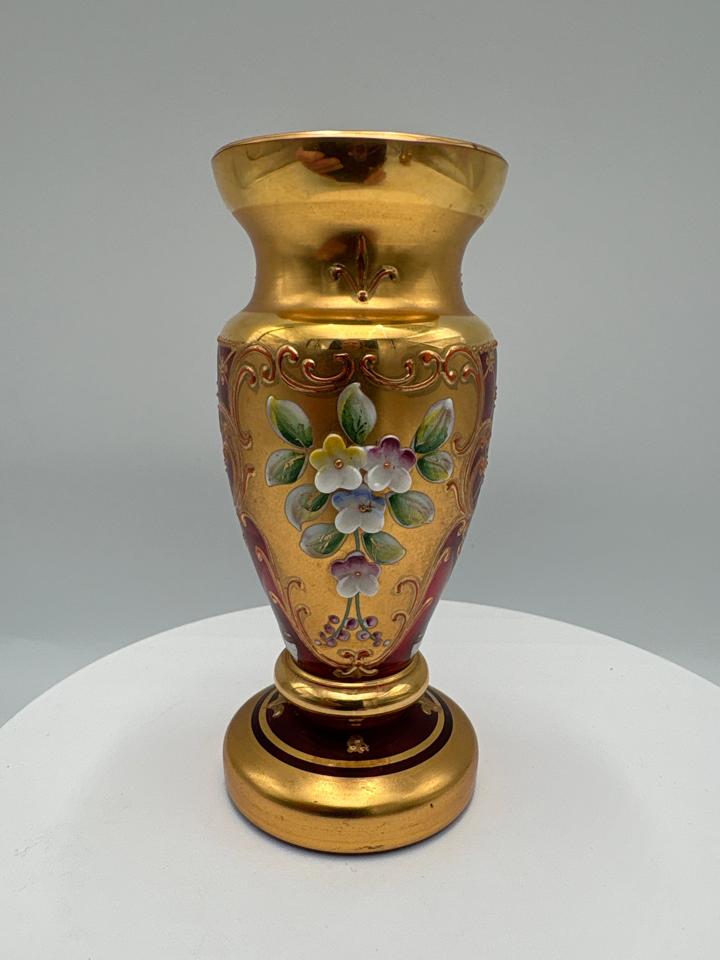 Vintage Bohemia krystal med Guld og Enamel-Vase på fod(2)-rød-12cm