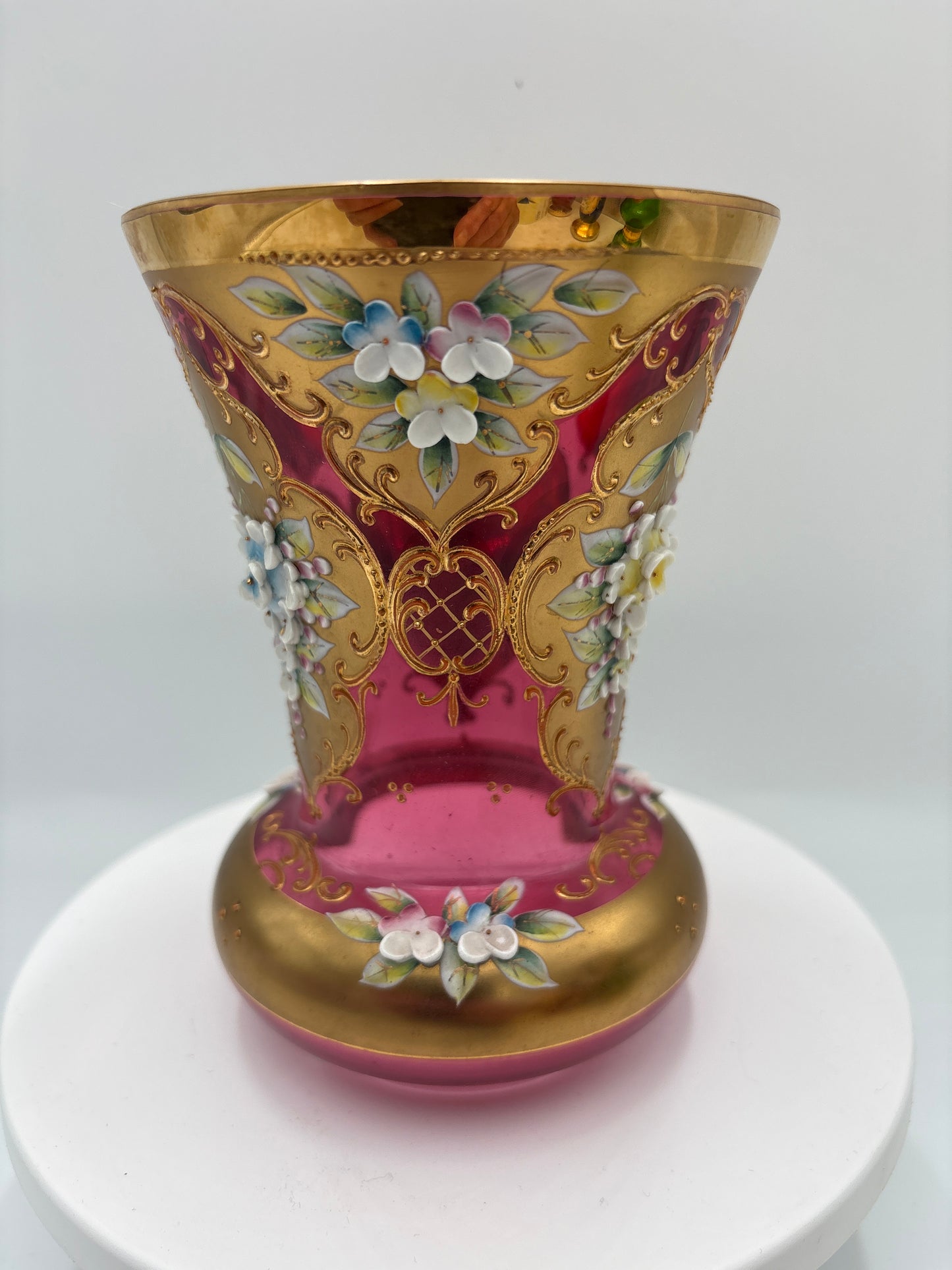 Vintage Bohemia krystal med Guld og Enamel, Vase , Rød(2), 14cm
