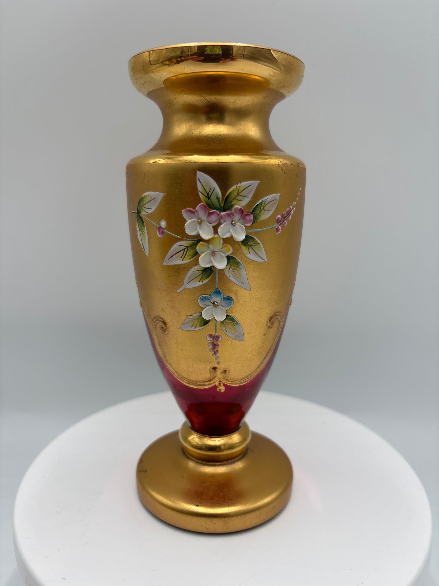 Vintage Bohemia krystal med Guld og Enamel-Vase på fod-Rød(1)-17cm