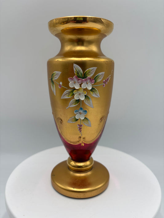 Vintage Bohemia krystal med Guld og Enamel-Vase på fod-Rød(1)-17cm