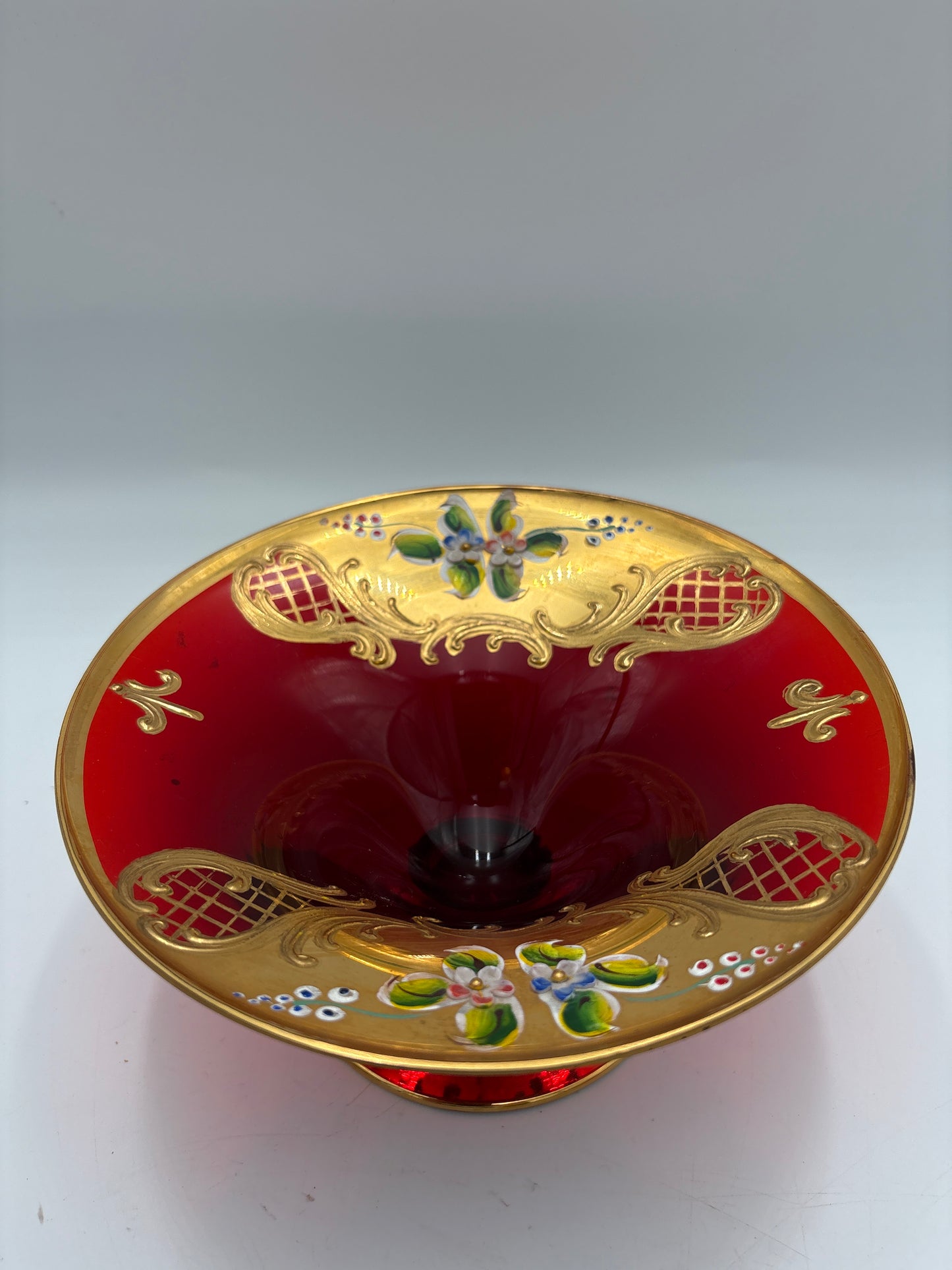Vintage Bohemia krystal med Guld og Enamel,Lille opsats på fod, Rød, 9cm