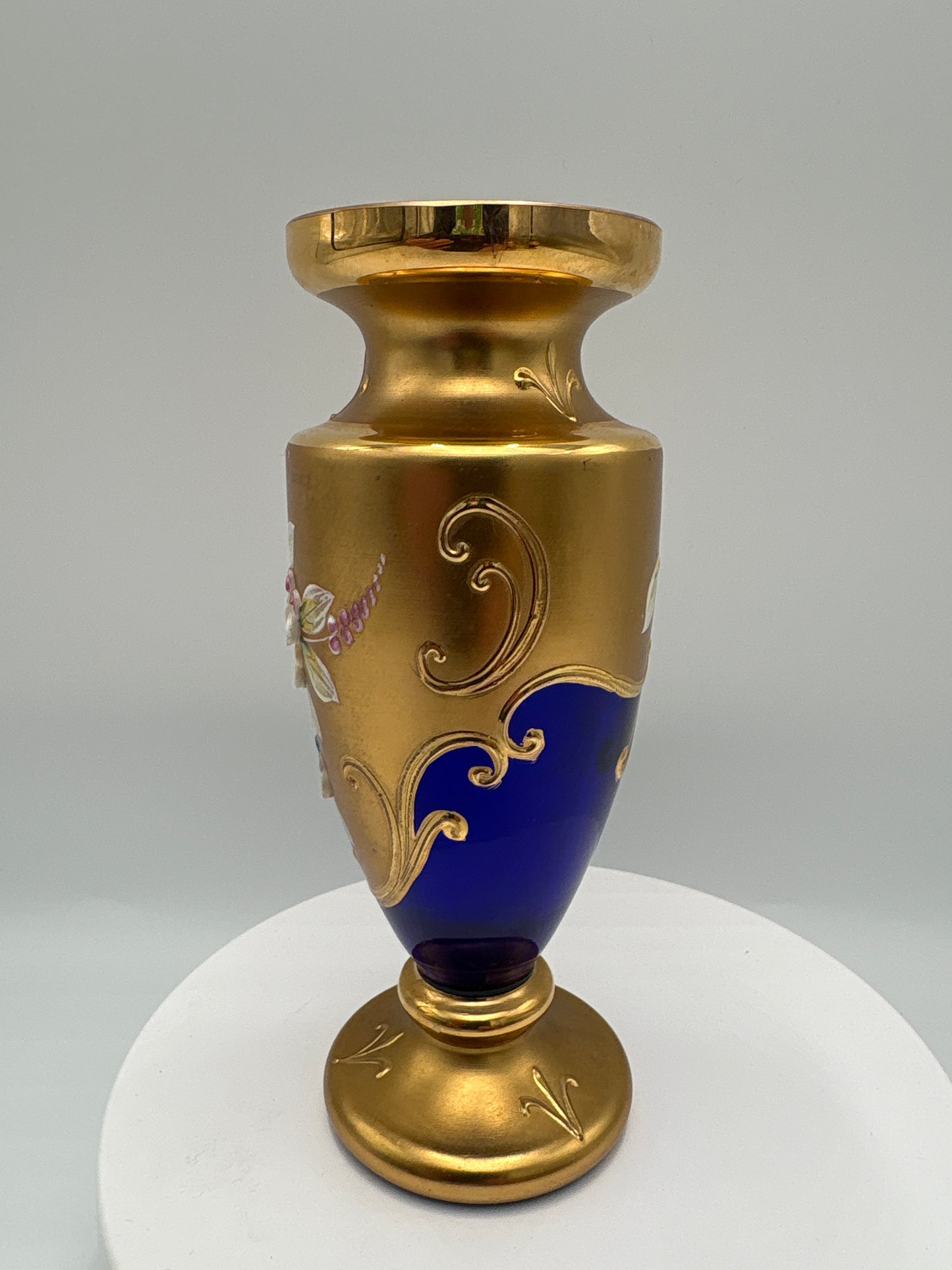 Vintage Bohemia krystal med Guld og Enamel-Vase på fod-Blå(3)-17cm