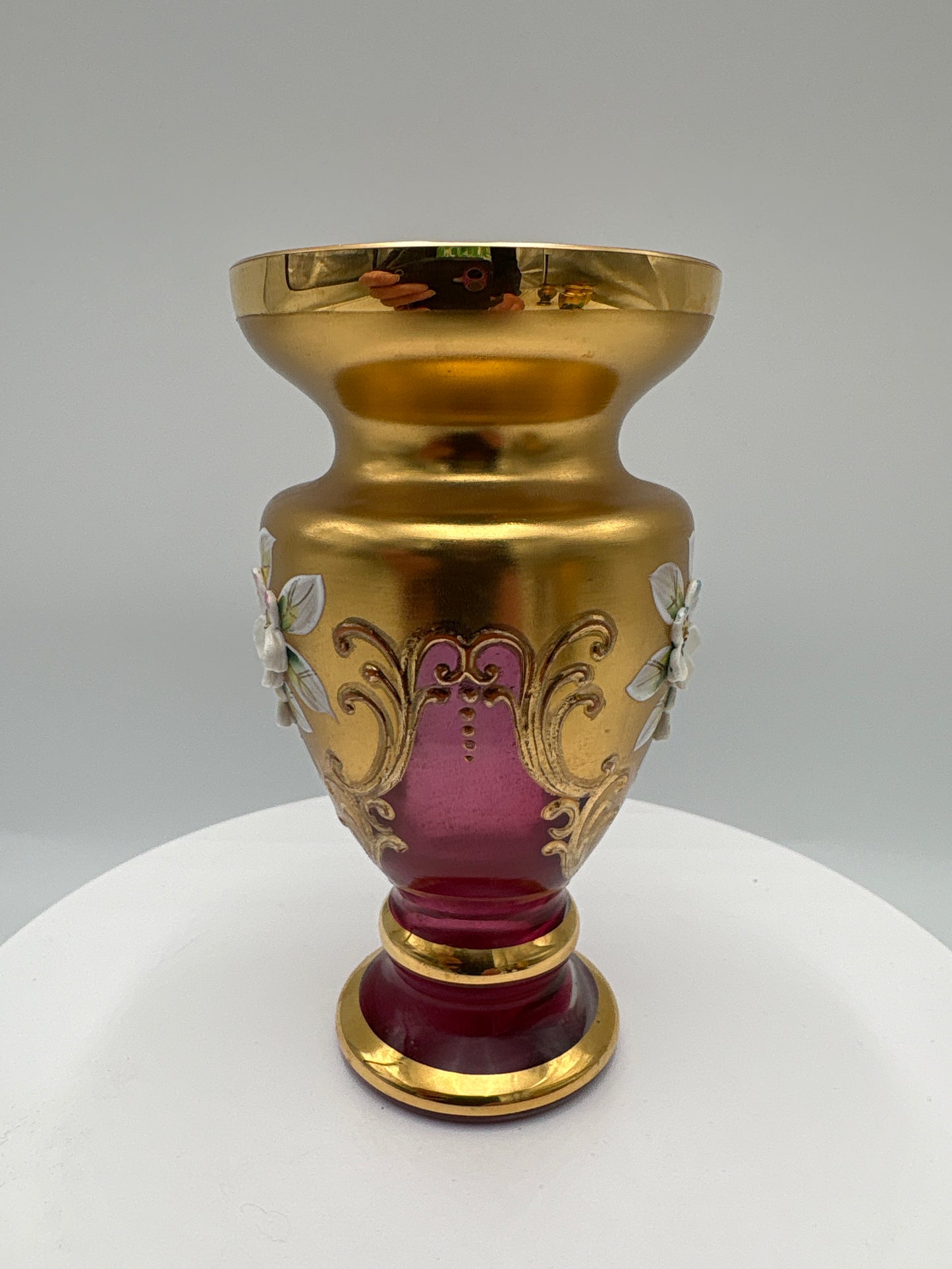 Vintage Bohemia krystal med Guld og Enamel-Vase på fod-Rød-12cm