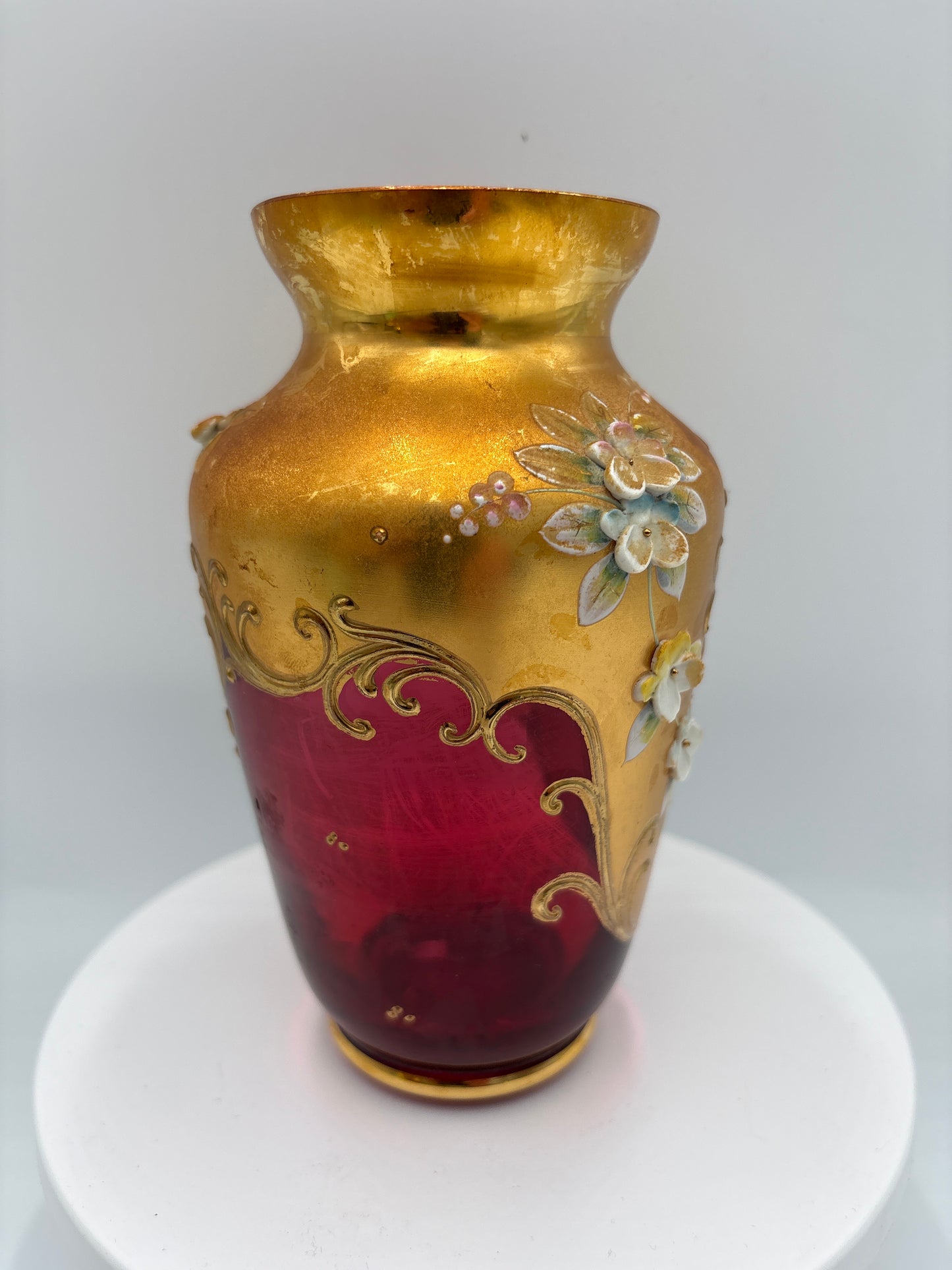 Vintage Bohemia krystal med Guld og Enamel, Vase , Rød, 15cm