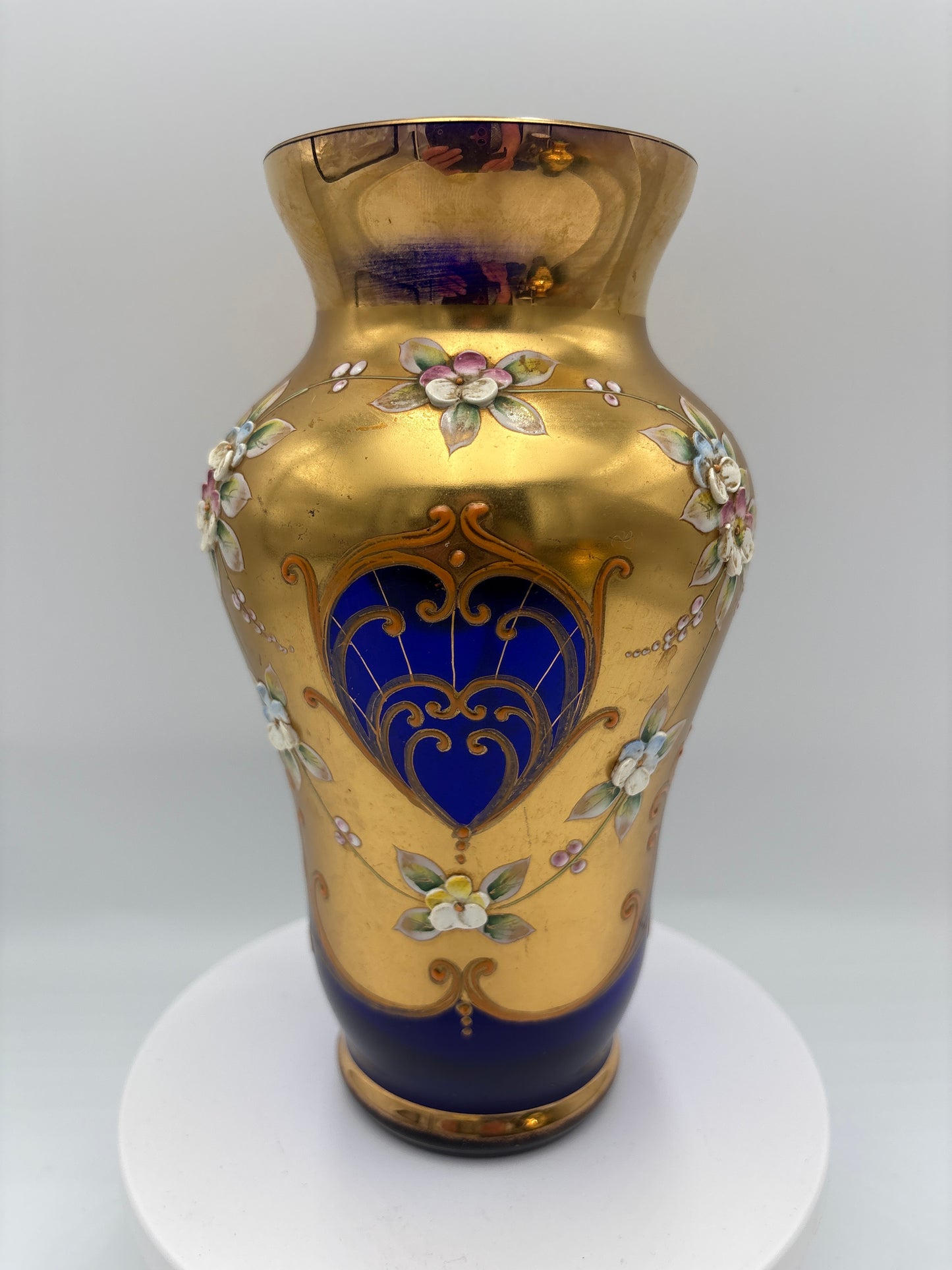 Vintage Bohemia krystal med Guld og Enamel, Vase, Blå, 22cm