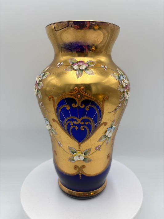 Vintage Bohemia krystal med Guld og Enamel, Vase, Blå, 22cm
