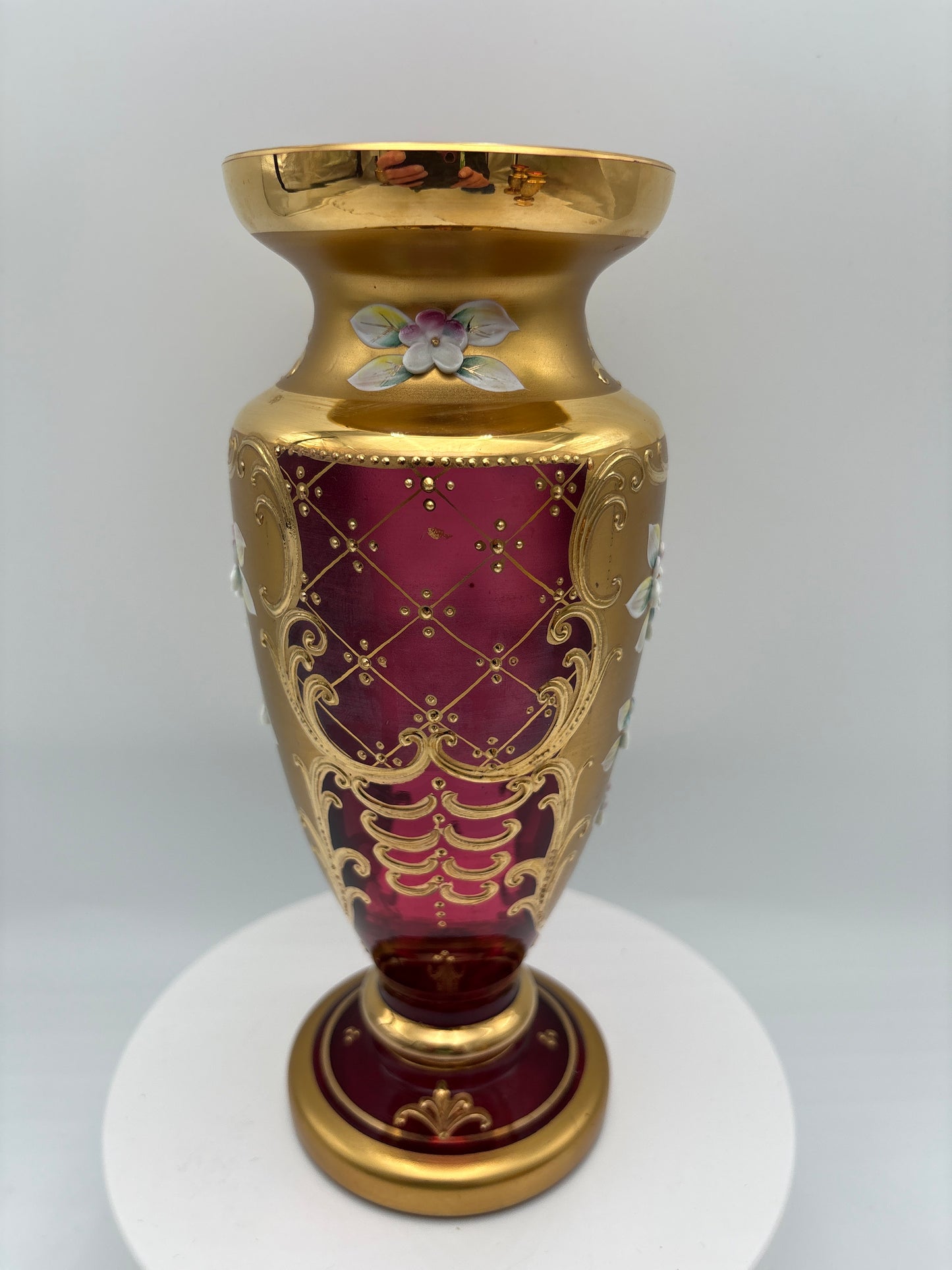 Vintage Bohemia krystal med Guld og Enamel-Vase på fod-Rød(4)-22cm
