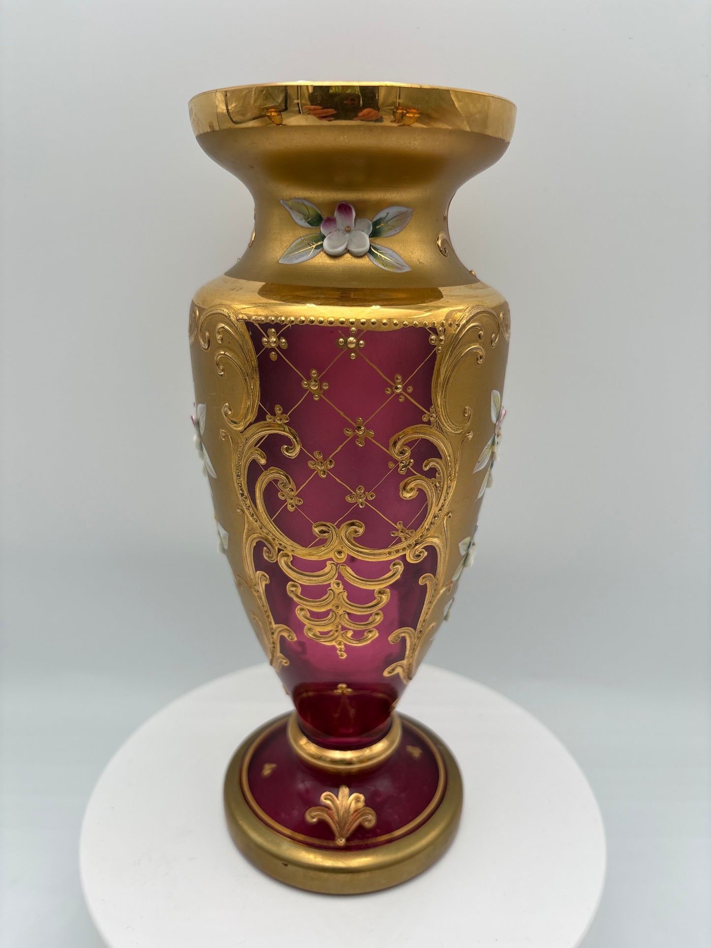Vintage Bohemia krystal med Guld og Enamel-Vase på fod-Rød(3)-22cm