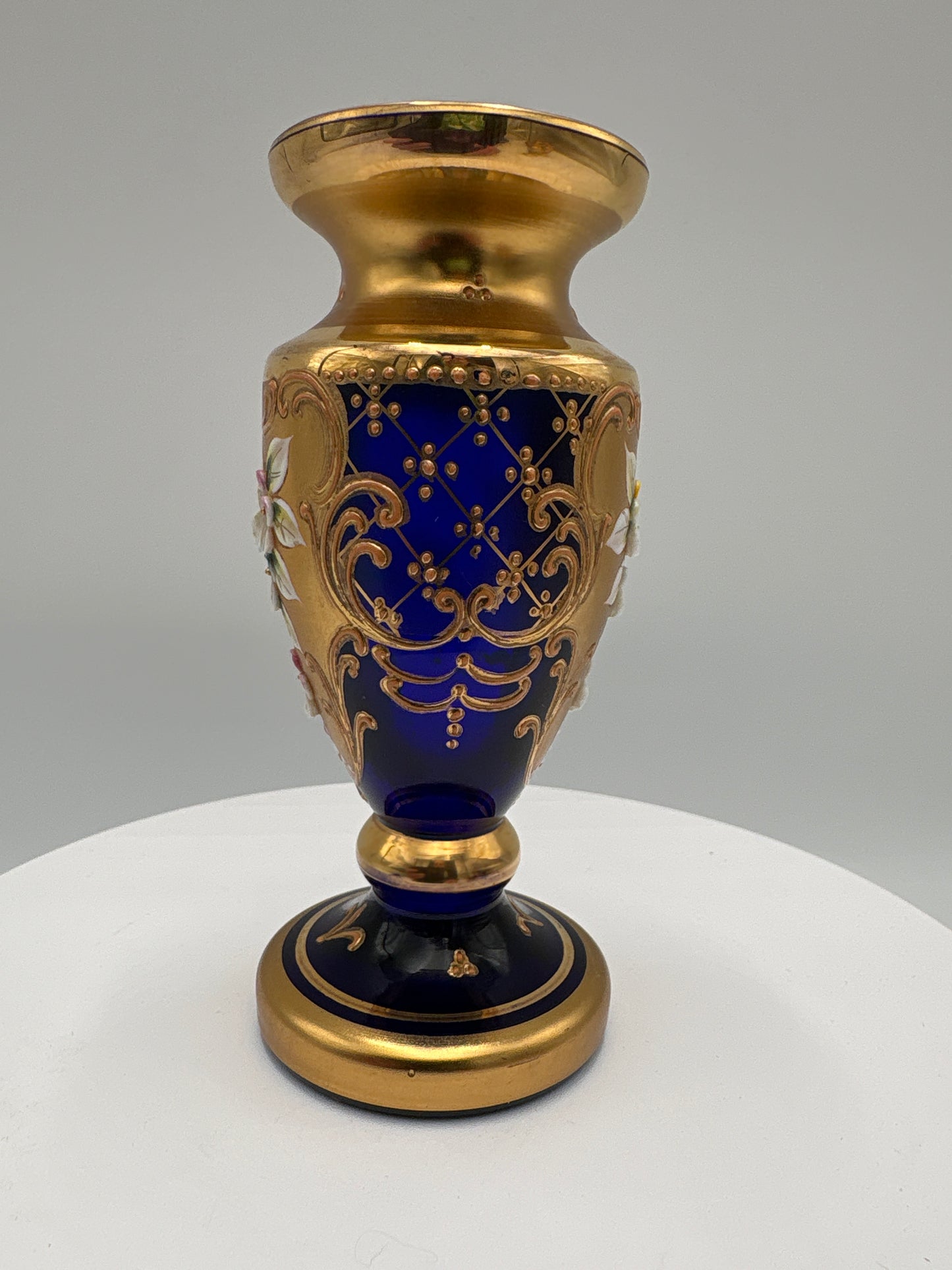 Vintage Bohemia krystal med Guld og Enamel-Vase på fod-Blå-12cm