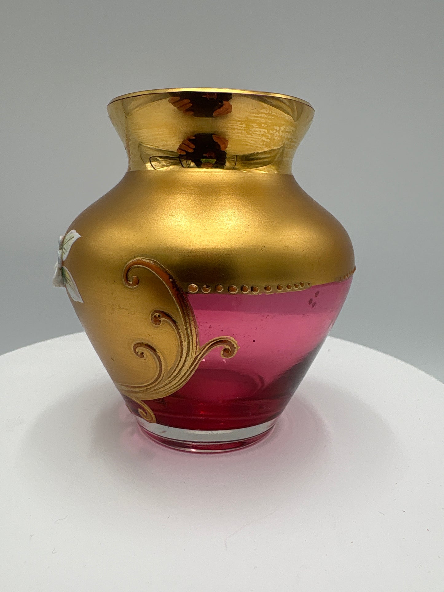 Vintage Bohemia krystal med Guld og Enamel-Vase-"buttet"-rød-8cm