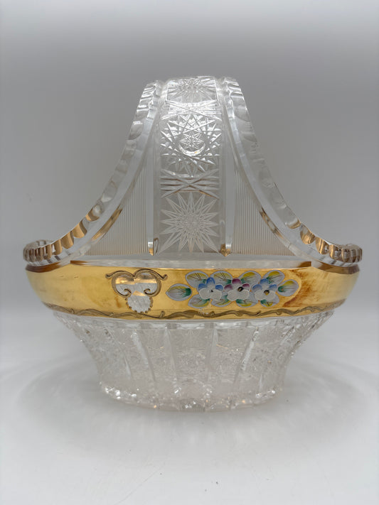 Vintage Bohemia krystal med Guld og Enamel,Skål med hank, Klar, 23cm