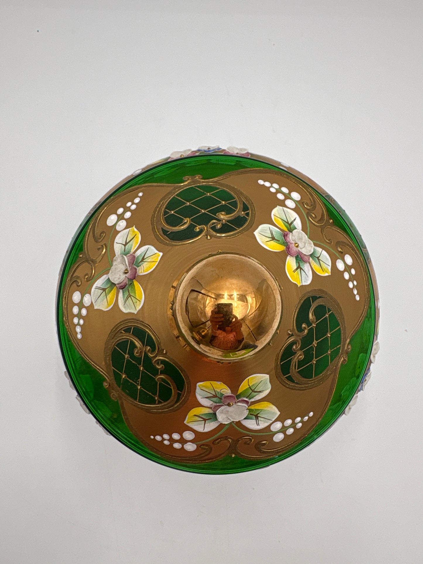 Vintage Bohemia krystal med Guld og Enamel, Stor Bonbonniere på fod , grøn, 24cm