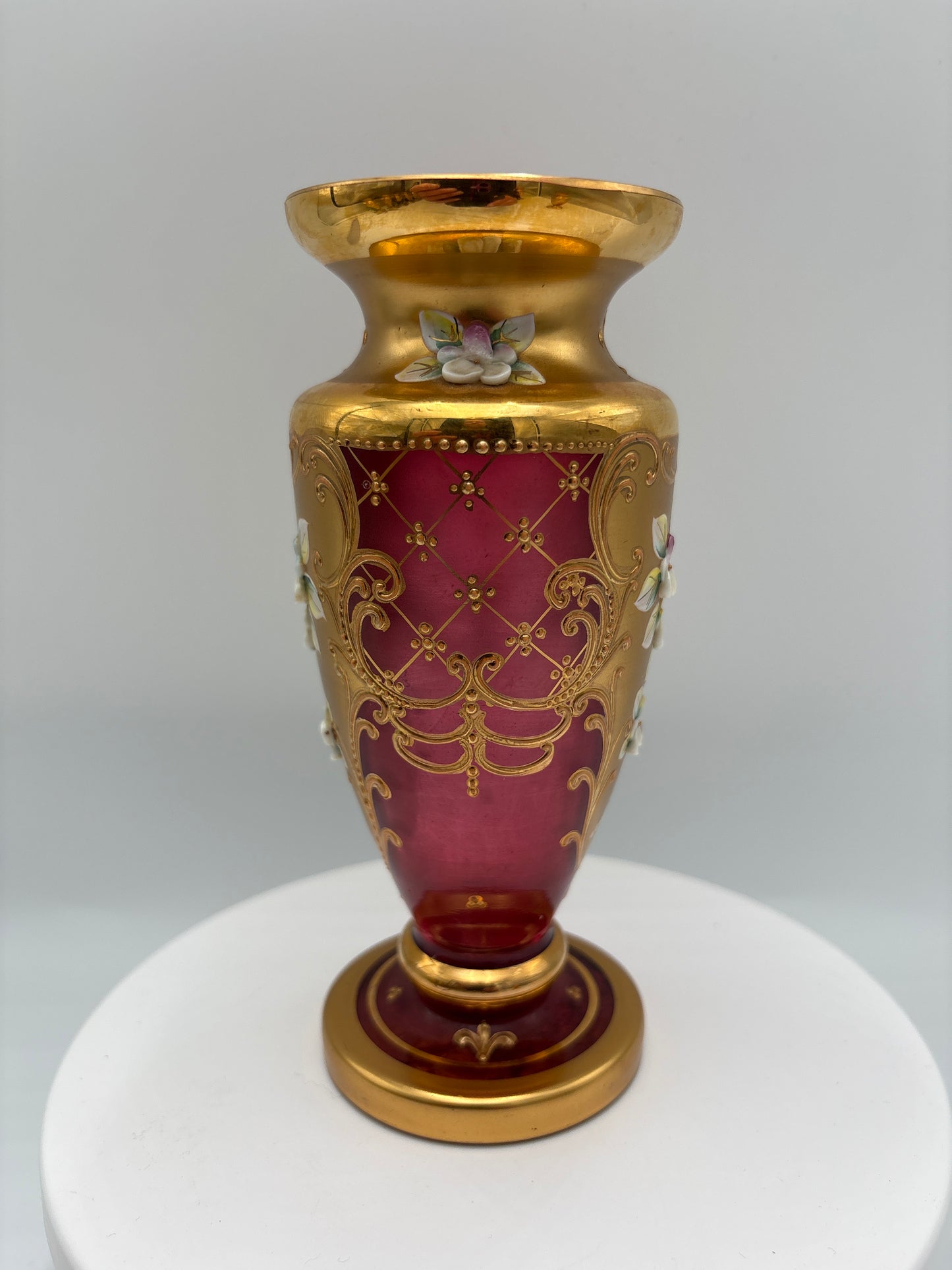 Vintage Bohemia krystal med Guld og Enamel-Vase på fod-Rød(2)-17cm