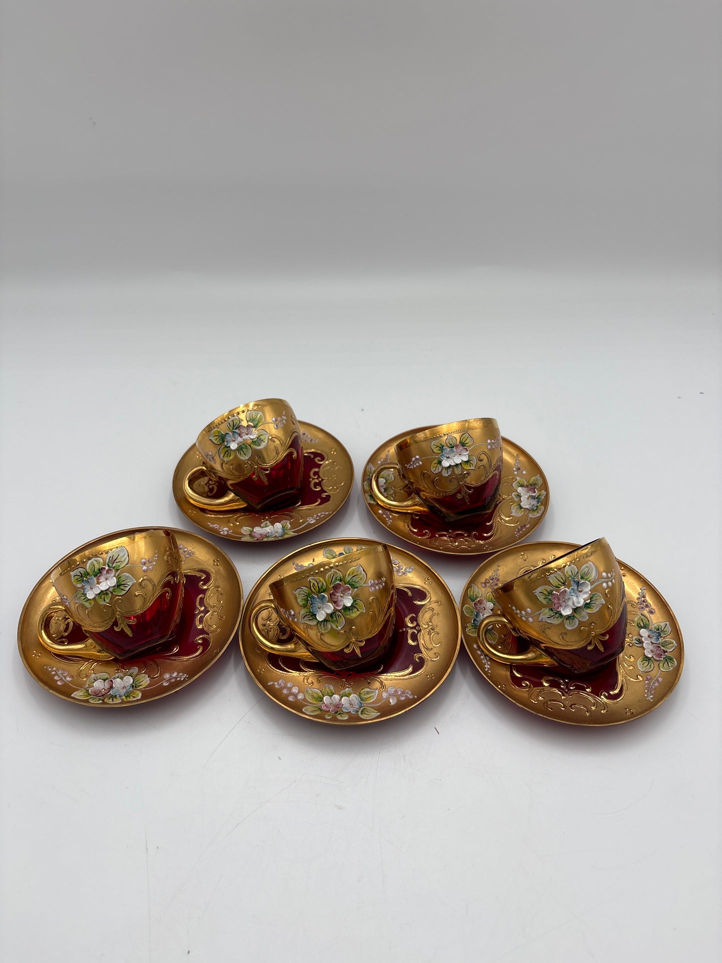 Vintage Bohemia krystal med Guld og Enamel, kaffesæt, Rød