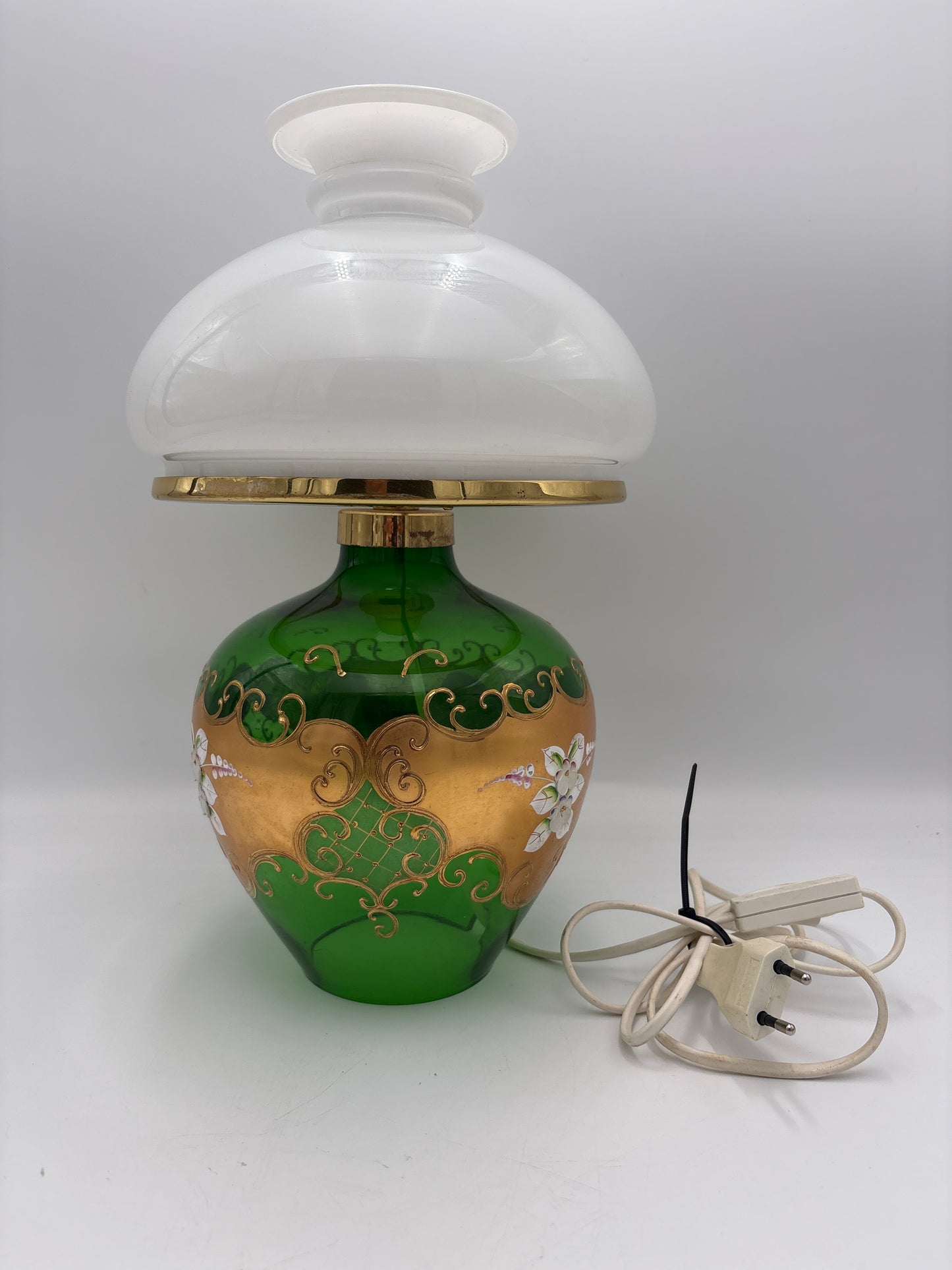 Vintage Bohemia krystal med Guld og Enamel, Bordlampe med glasskærm, grøn, 36cm