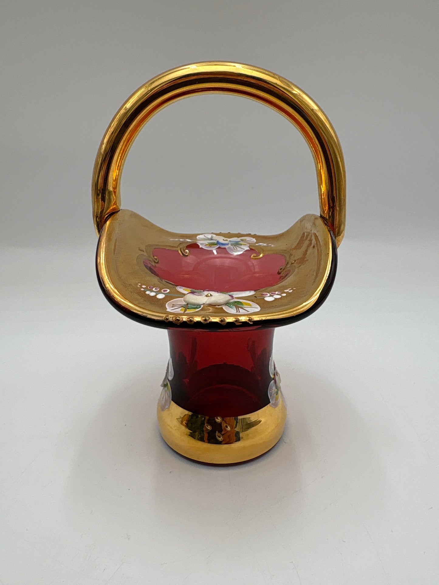 Vintage Bohemia krystal med Guld og Enamel, Kurv, Rød, 14cm