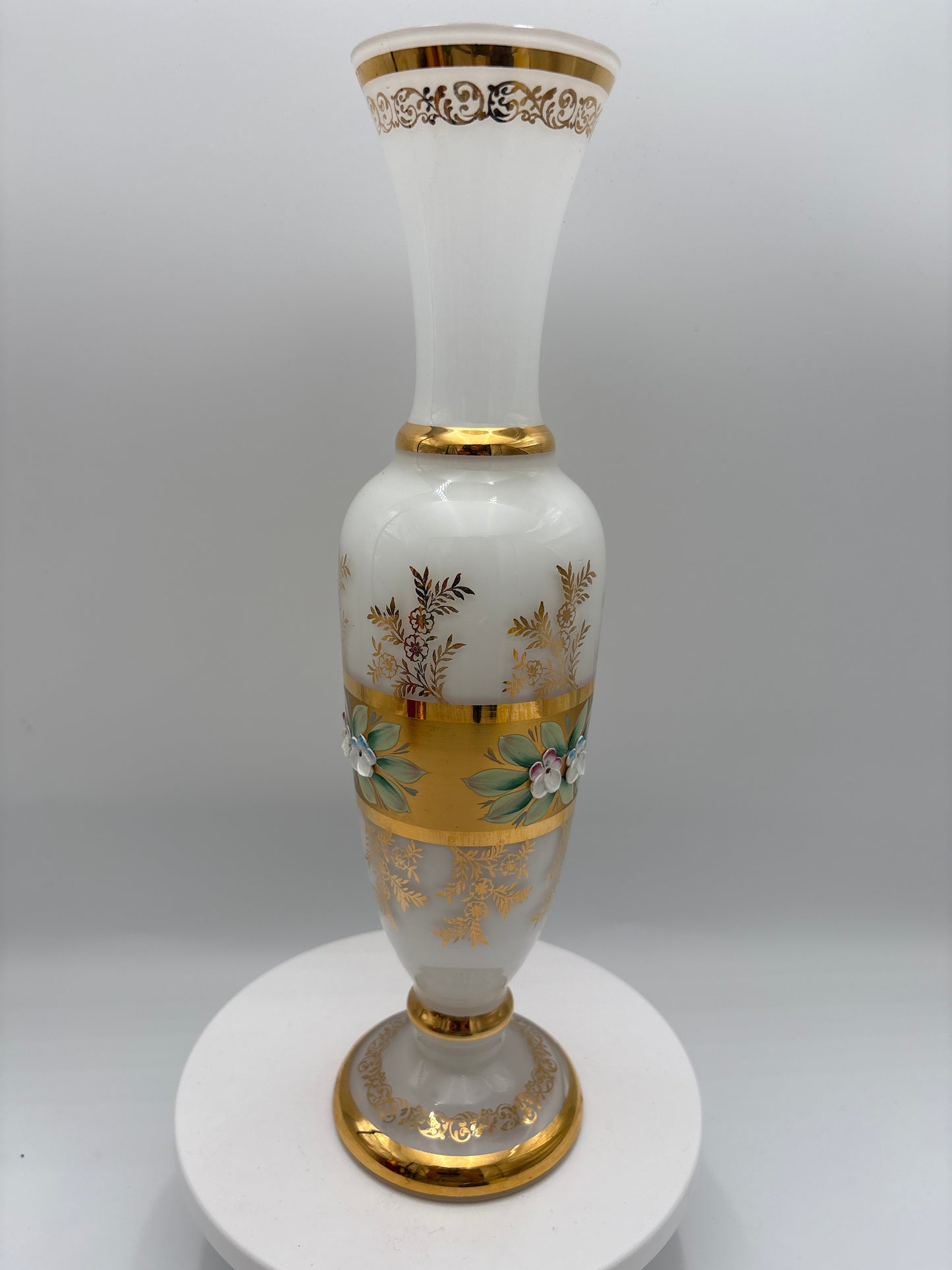 Vintage Bohemia krystal med Guld og Enamel, Vase, Hvid, 31cm