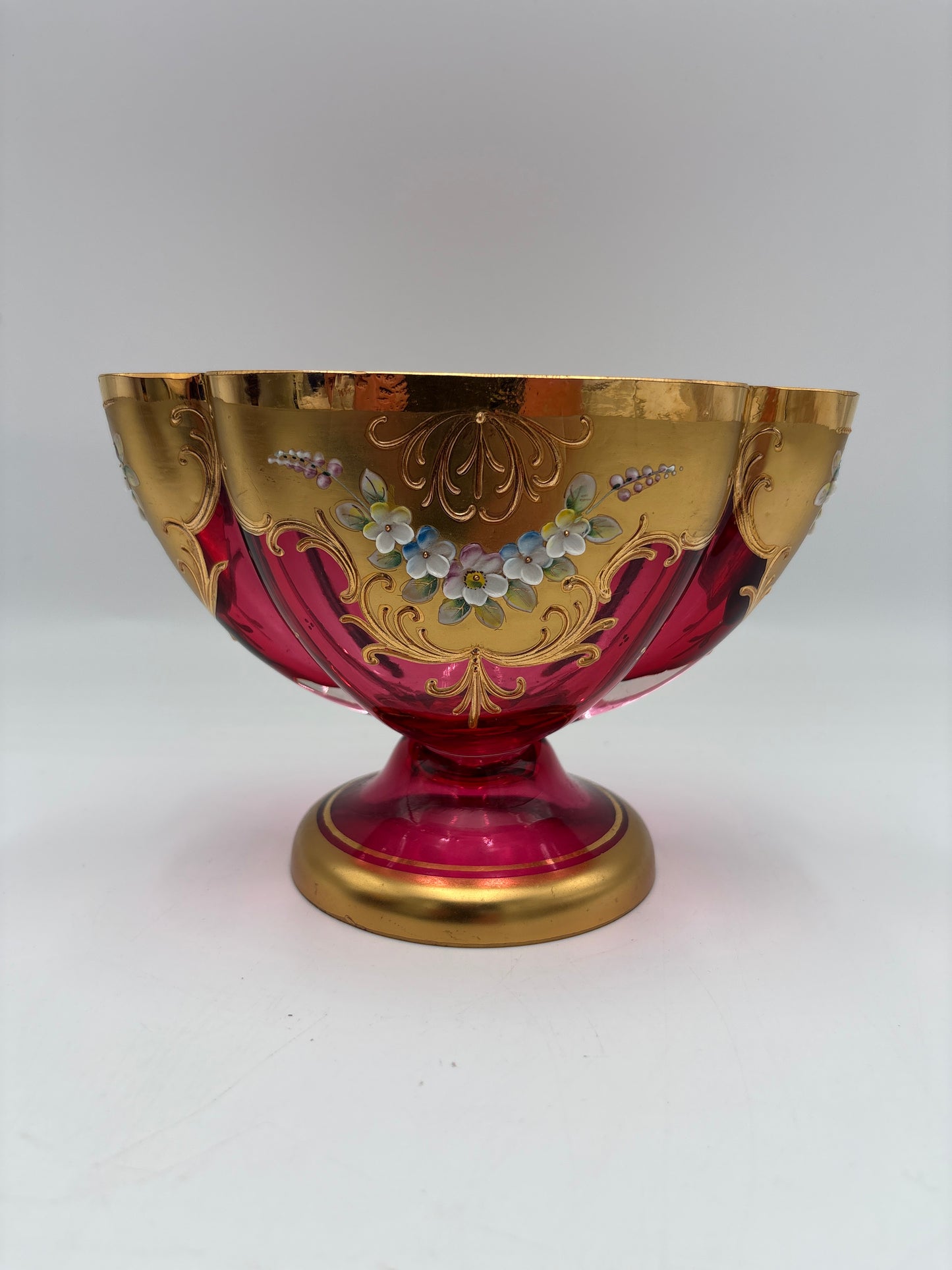 Vintage Bohemia krystal med Guld og Enamel,Lille oval opsats på fod, Rød, 12cm