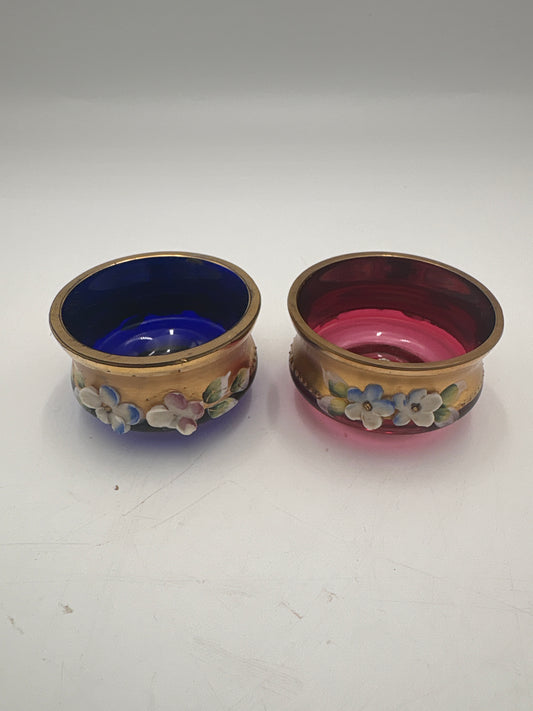 Vintage Bohemia krystal med Guld og Enamel, 2 små fyrfadsstager, Rød og blå, ø6cm